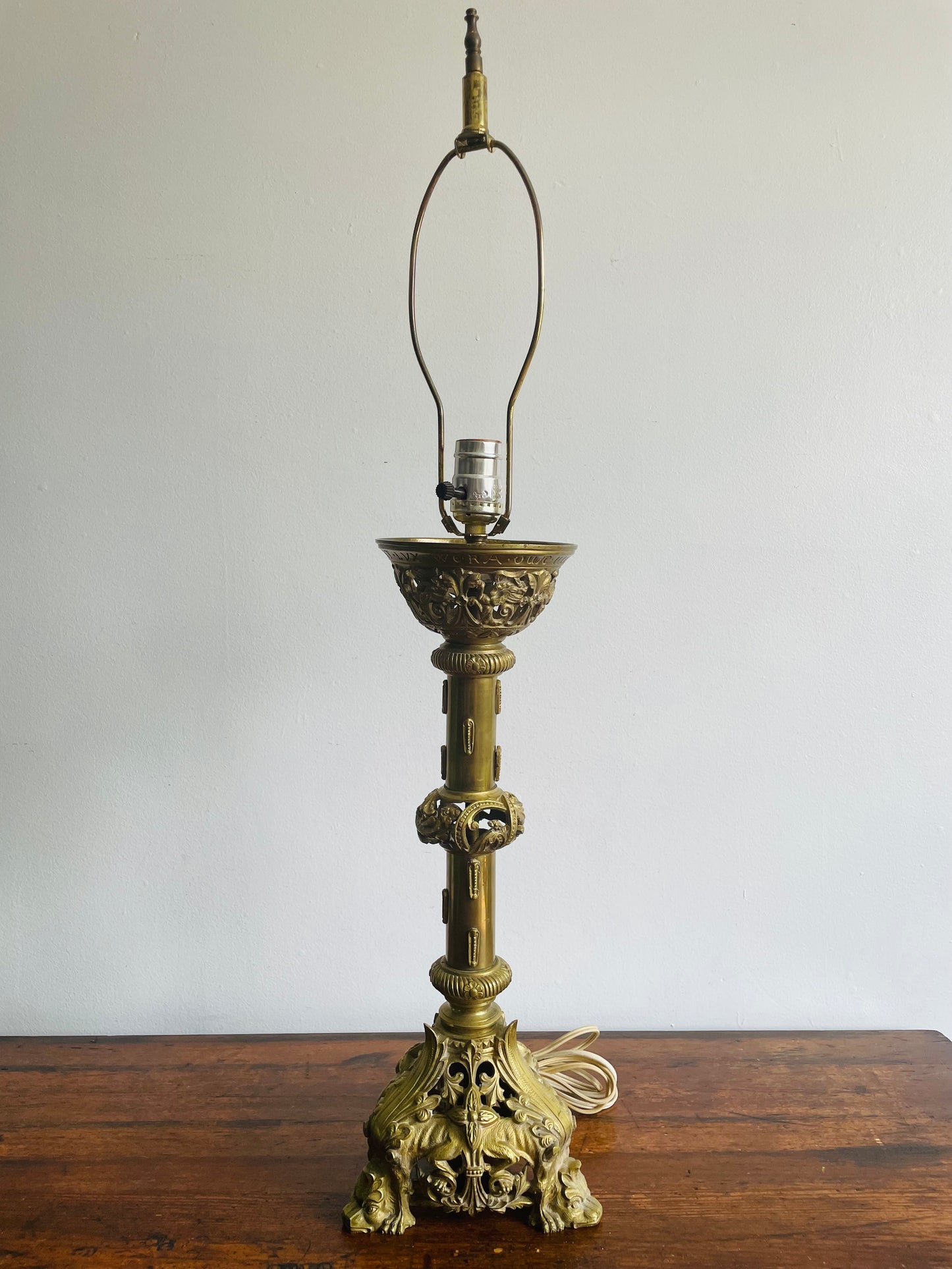 Antique Heavy Solid Brass Church Altar Candle Holder Turned Into Lamp - Originally from Montreal