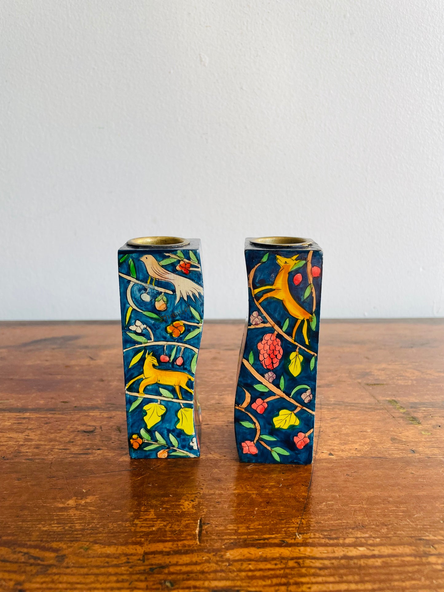 Israeli Lacquered Wood Wavy Candle Holders with Hand Painted Peacock, Lion, Deer, Bird & Flower Design - Yair Emanuel Shabbat Candles