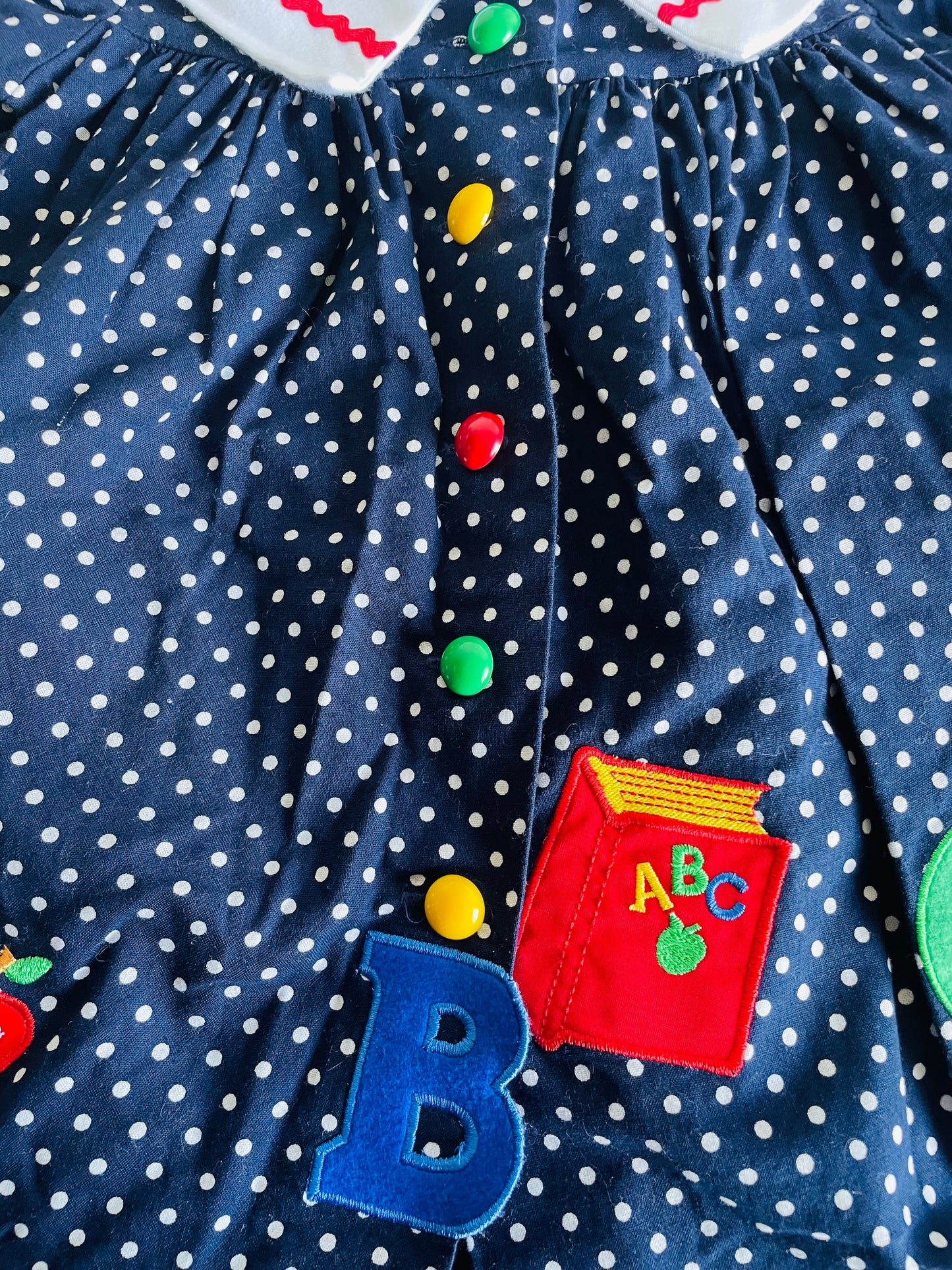 Rare Edition Brand 100% Cotton Navy Polka Dot Dress with ABC School Patches - Size 24 Months