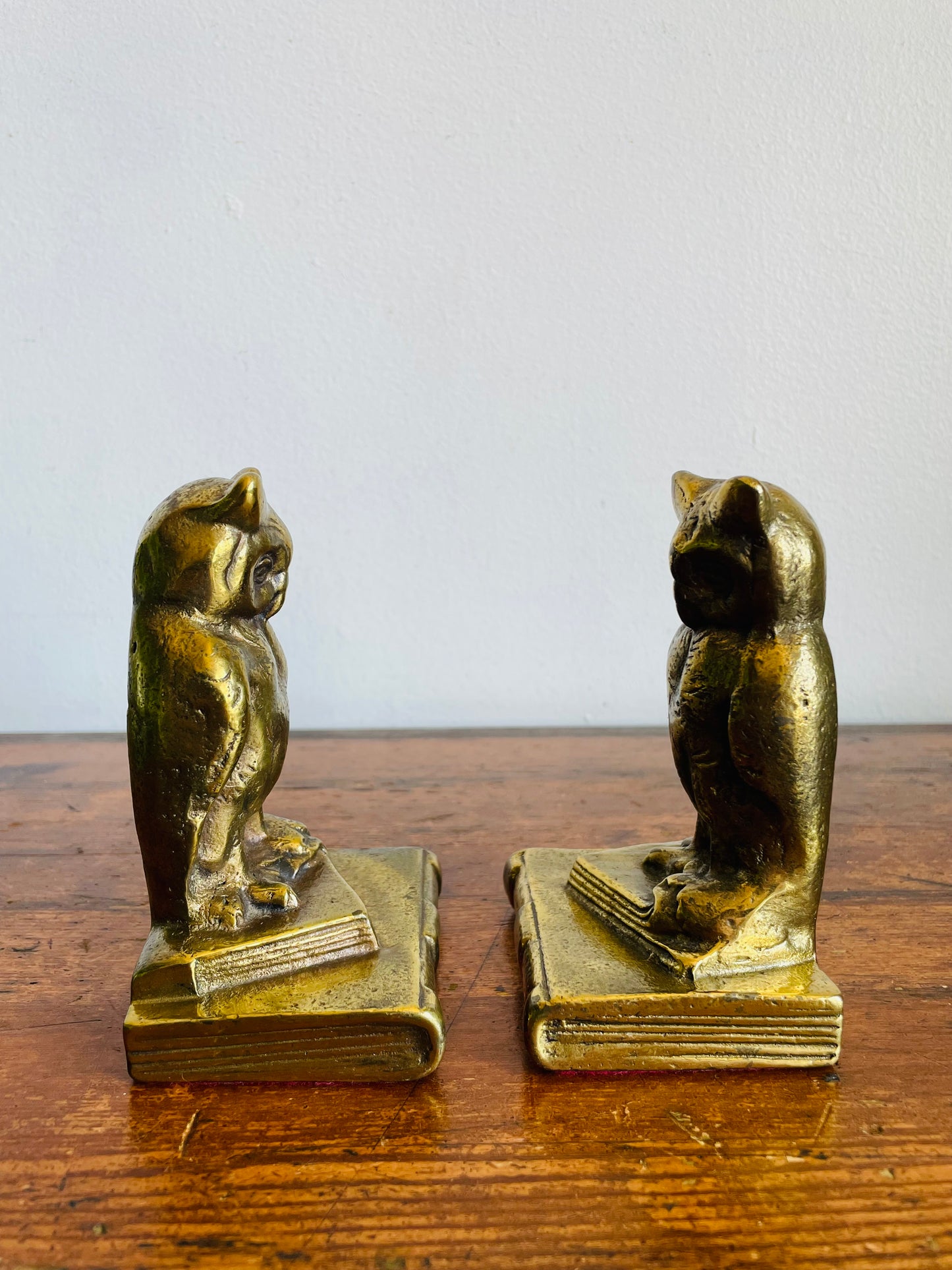 Vintage Solid & Heavy Brass Wise Owls on Stack of Books Bookends - Set of 2