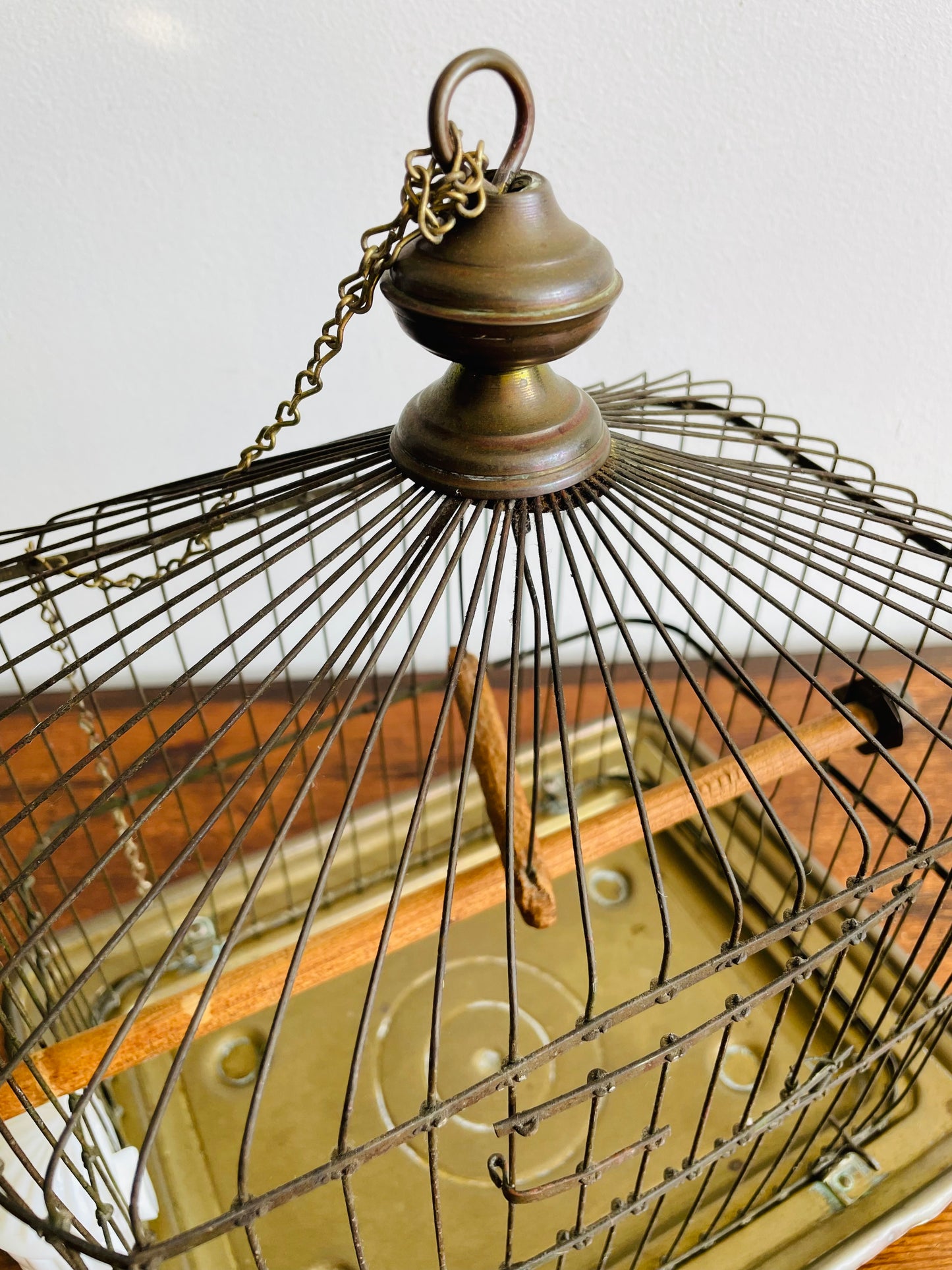 Antique Hendryx Brass & Metal Wire Bird Cage with Wood Perches & Milk Glass Food Dish - Art Deco Decor