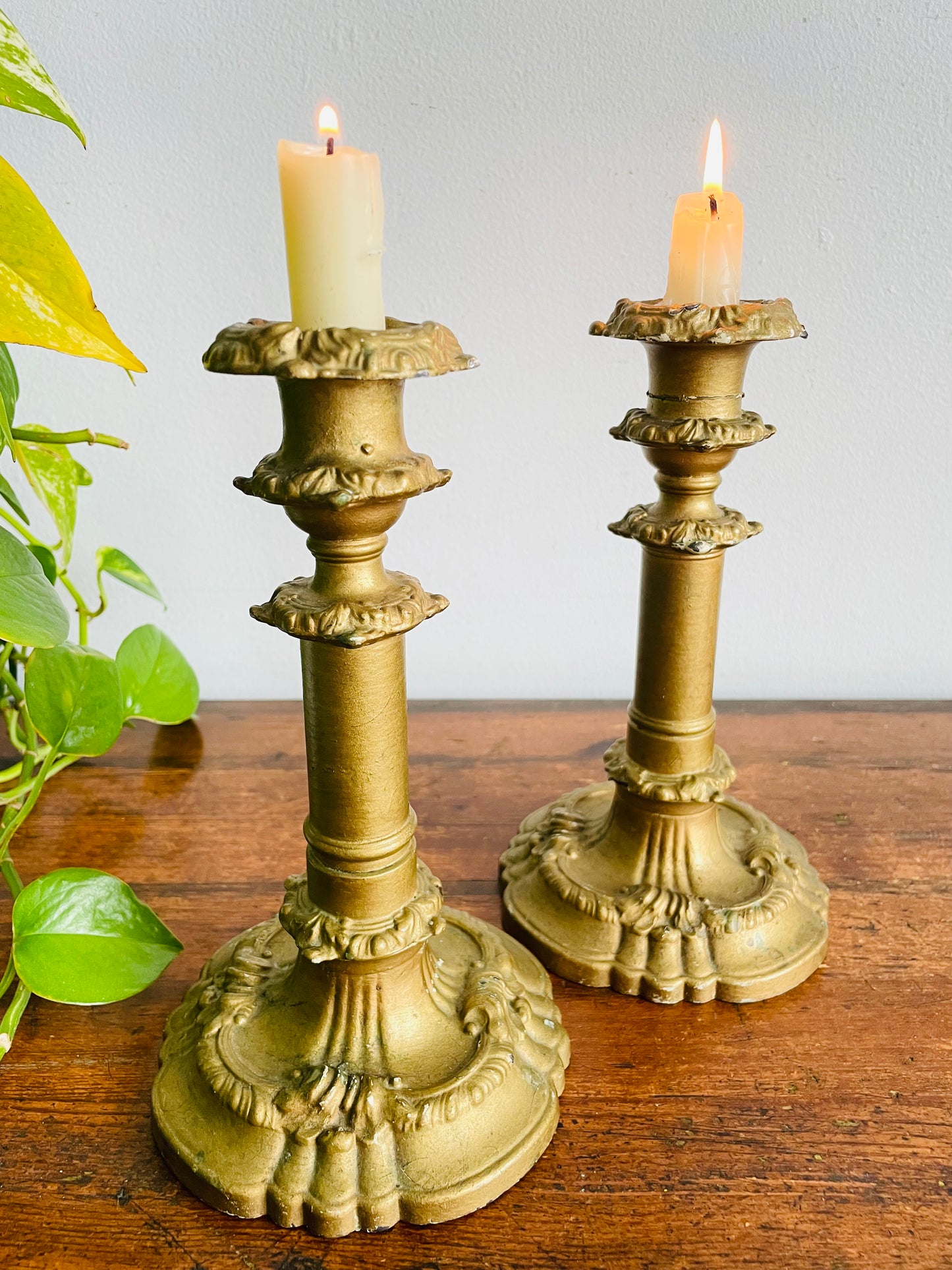 Vintage / Possibly Antique Iron Candle Holders with Plaster & Gold Finish - Very Sturdy & Solid - Set of 2