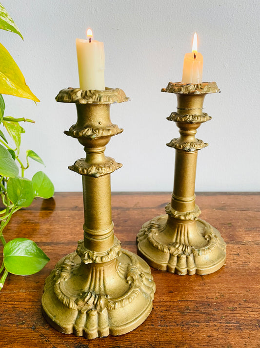 Vintage / Possibly Antique Iron Candle Holders with Plaster & Gold Finish - Very Sturdy & Solid - Set of 2