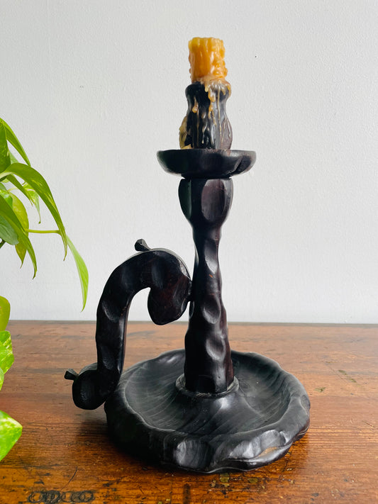 Large Wood Brutalist Spanish Revival Gothic Castlecore Style Chamberstick Candle Holder with Dripping Candle