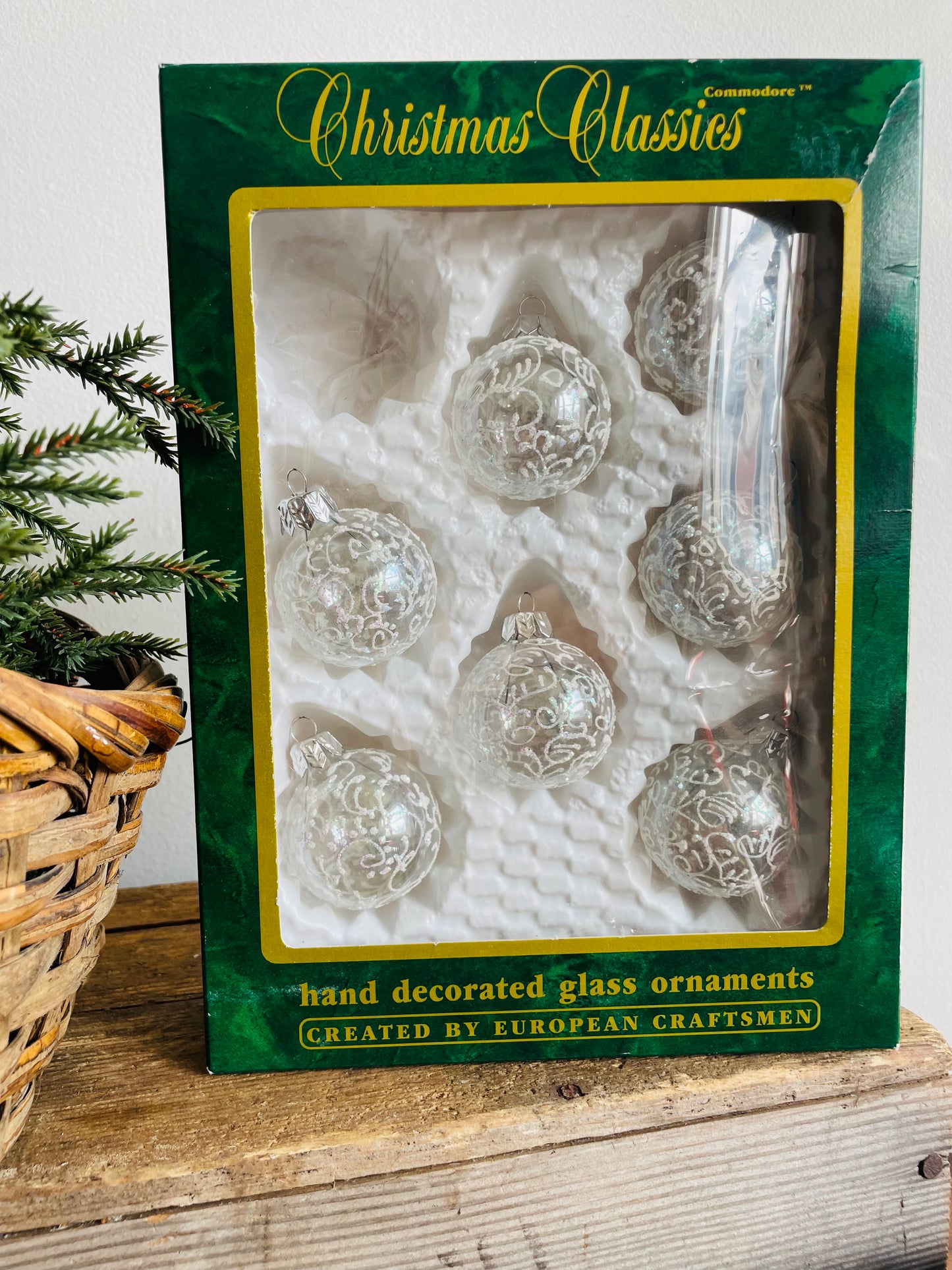 Commodore Christmas Classics Hand Decorated Glass Ornaments - Made in Romania - Set of 7