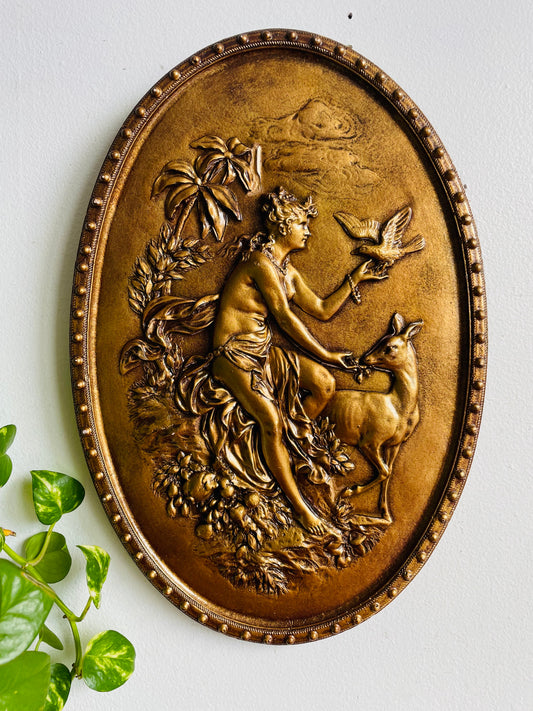 Vintage Oval Gold Plaster Wall Plaque Hanging with Scene of Goddess Diana / Artemis with Deer & Bird - Greek & Roman Mythology - Made in Poland