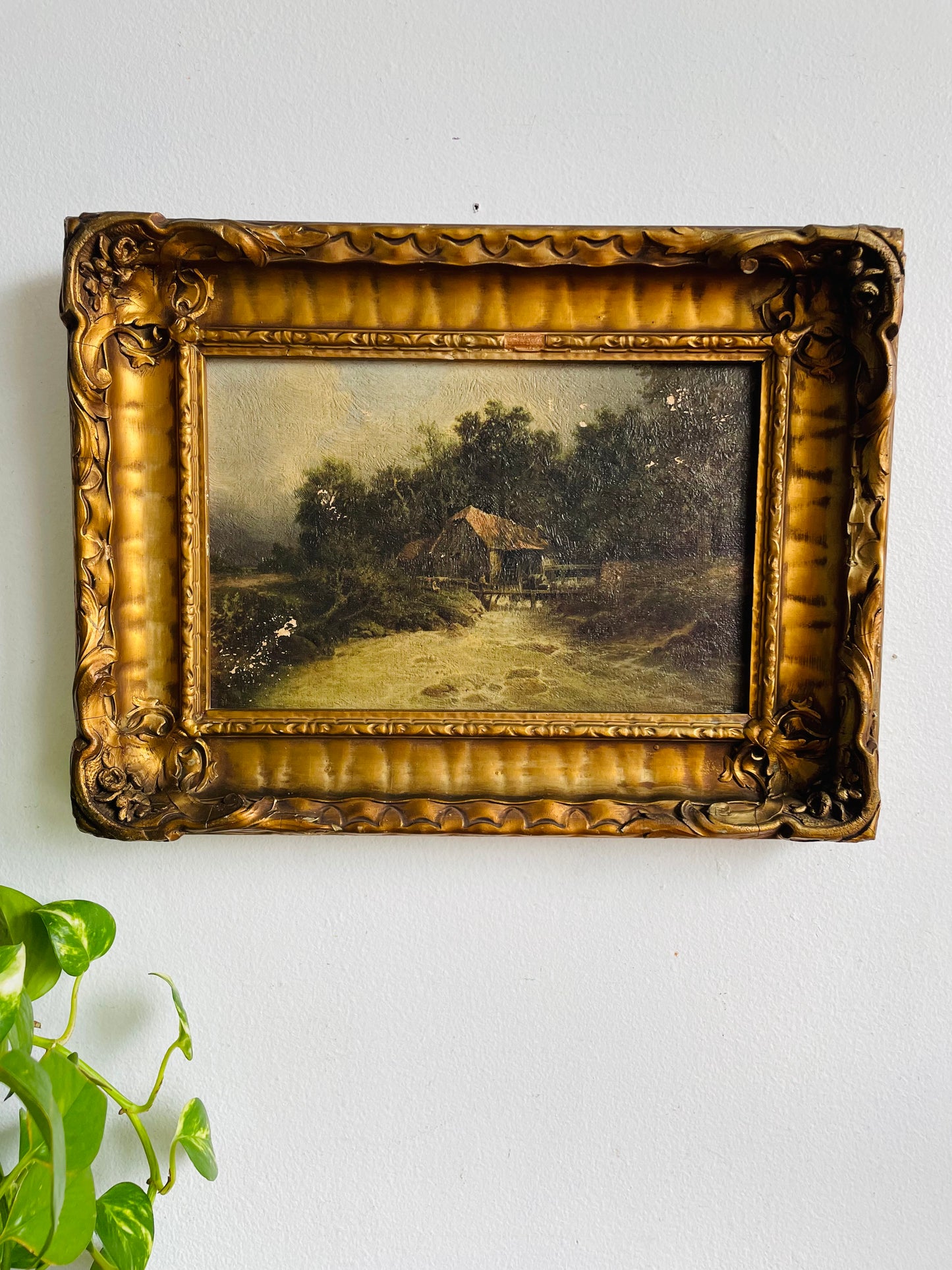 Antique Frank G. Hart's Oil Painting Facsimile Picture in Ornate Gold Frame - "The Old Watermill"