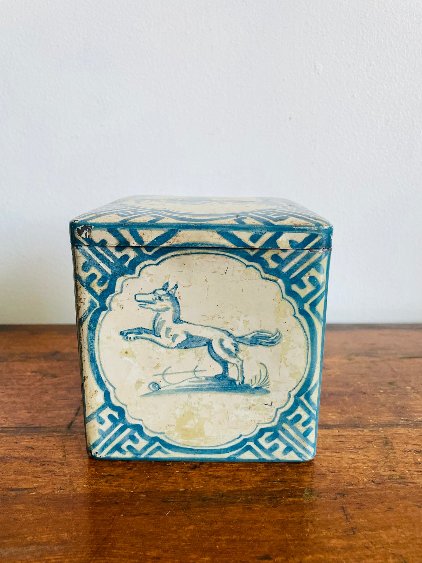 Vintage 1920s Blue & White Delft Tin with Dutch Fox, Rabbit, Dog & Man Design