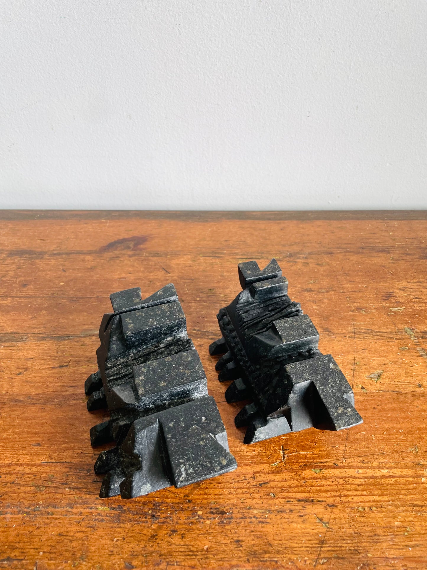 Vintage Carved Soapstone Bookends with Futuristic Abstract Design - Set of 2