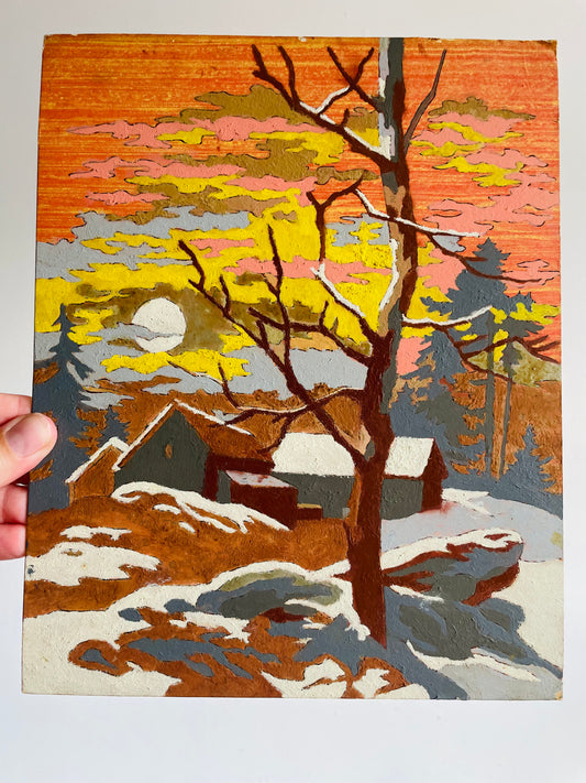 Vintage 1960s Paint by Number (PBN) Picture on Board of Sunrise or Sunset Over Cabin in Forest - 8" x 10"