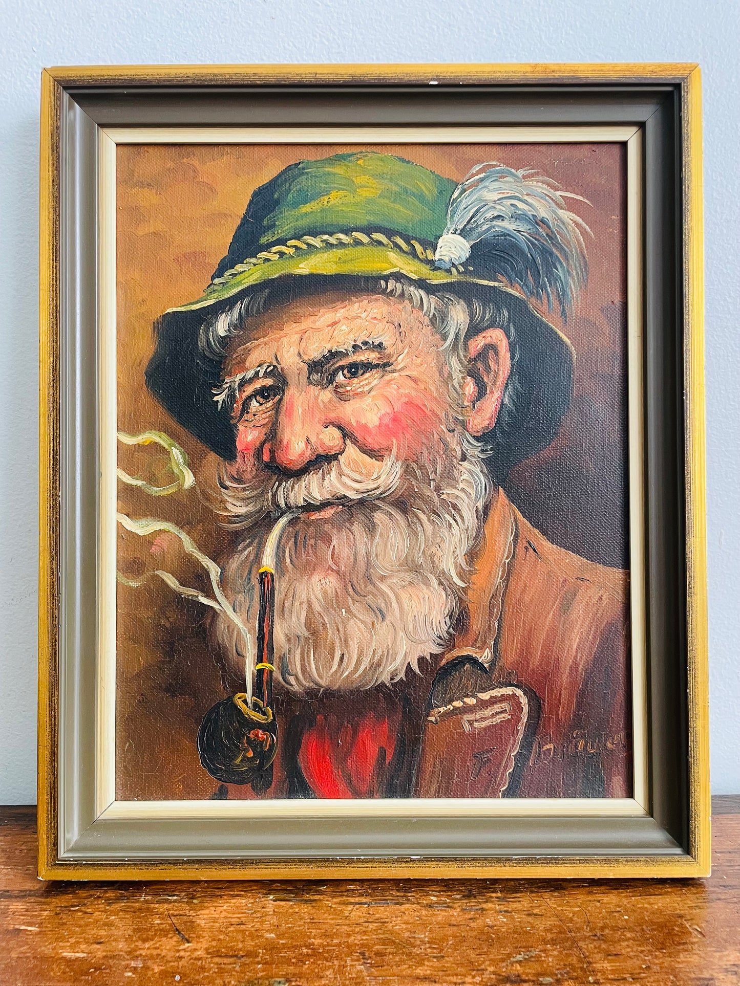 Vintage Original Art Painting Picture - Portrait of a Bavarian Man Wearing a Tyrolean Hat with Feather Plume & Smoking a Pipe