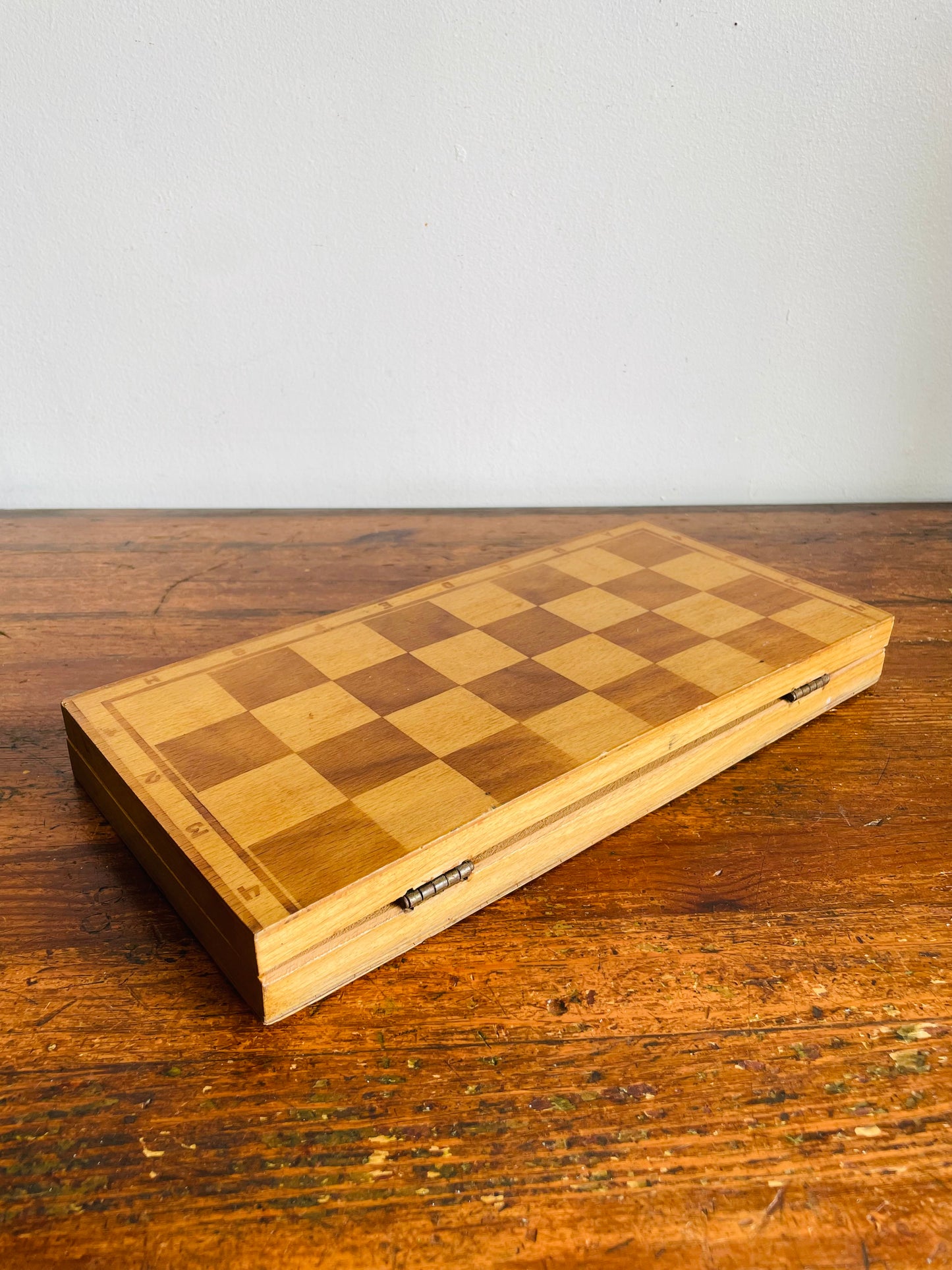 Vintage Hinged Folding Wood Chess Board Travel Case with Felt-Bottomed Wood Playing Pieces - Made in Poland