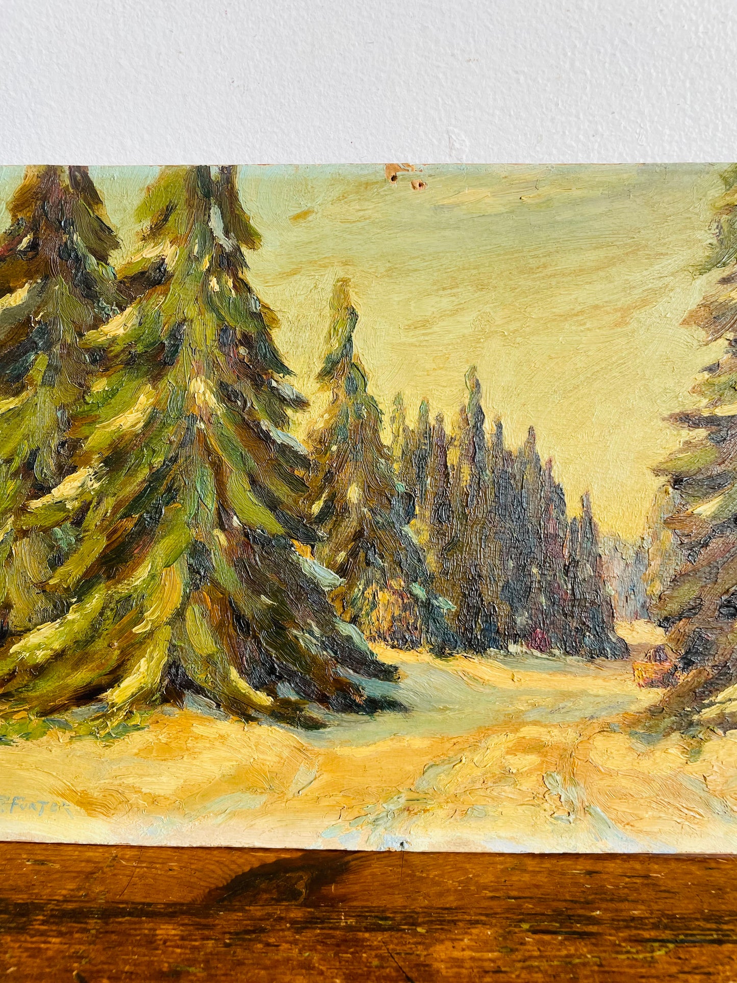 Antique Original Art Painting of Fir Tree Forest in Winter on Board - Artist Signed - Purchased from Great-Nephew of Artist in Haliburton, ON