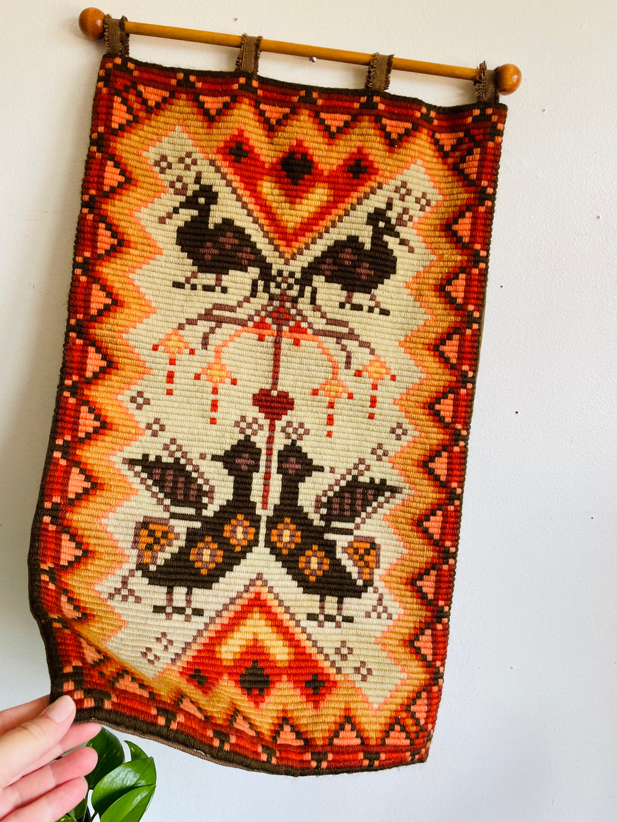 Vintage Mid-Century Modern Scandinavian Needlepoint Embroidery Wall Hanging Tapestry on Wood Dowel Rod - Orange, Red, Yellow, Brown & Cream Colours - Bird, Heart, Flower & Geometric Shape Design