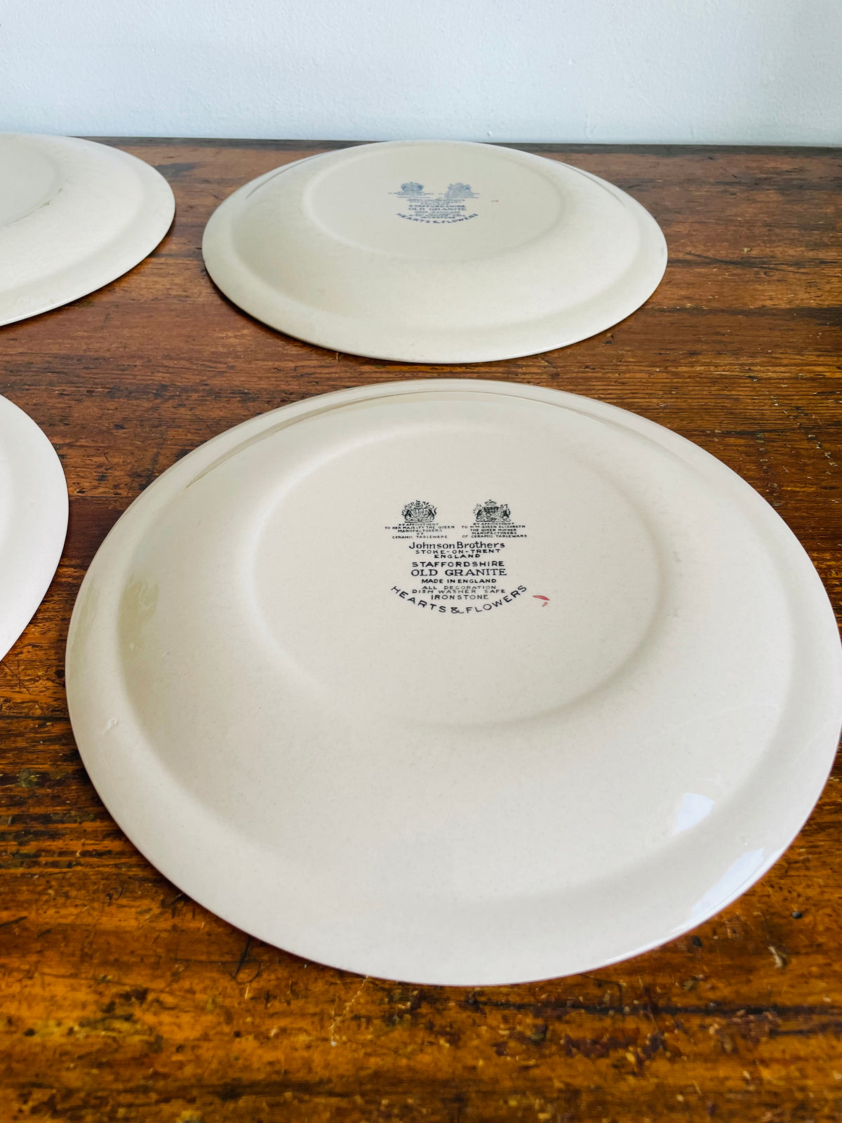 Vintage Johnson Brothers Hearts & Flowers Staffordshire England Old Granite Ironstone 10" Dinner Plate Dishes - Set of 4
