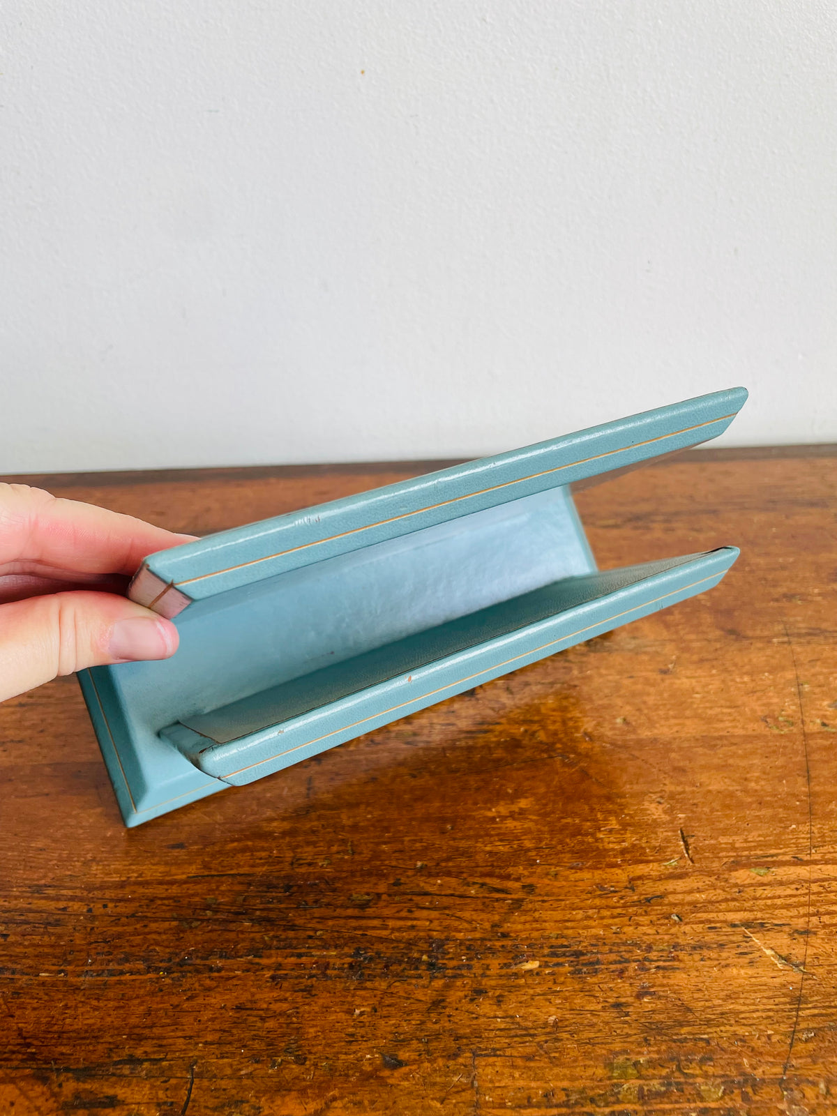 Vintage C.P. Leathercrafts New York Blue & Gold Leather Office Desk Organizer / Mail Letter Card Holder