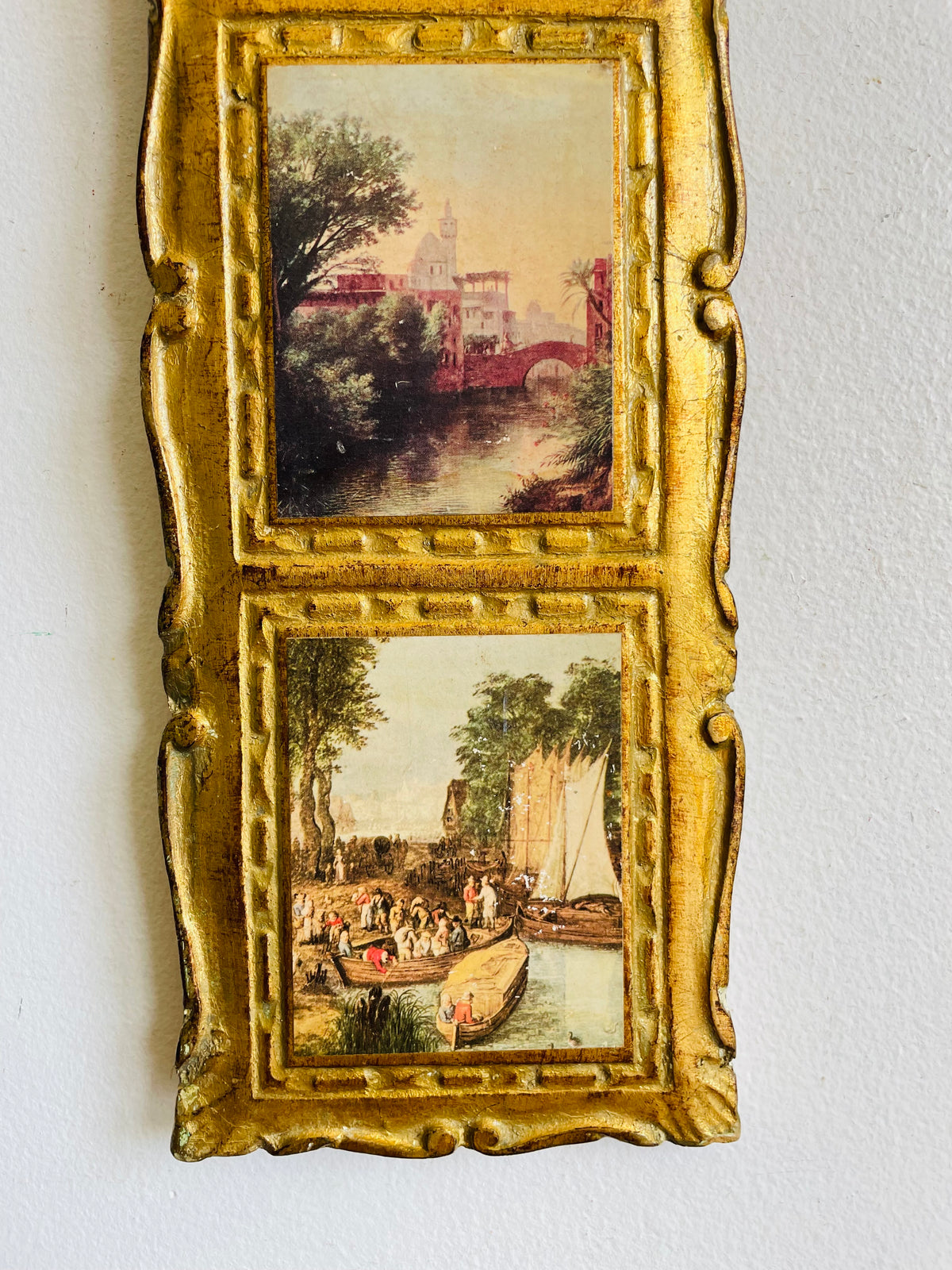 Vintage Italian Florentine Gold-Gilt Triple Landscape Wall Plaque Picture with European Art Print Scenes
