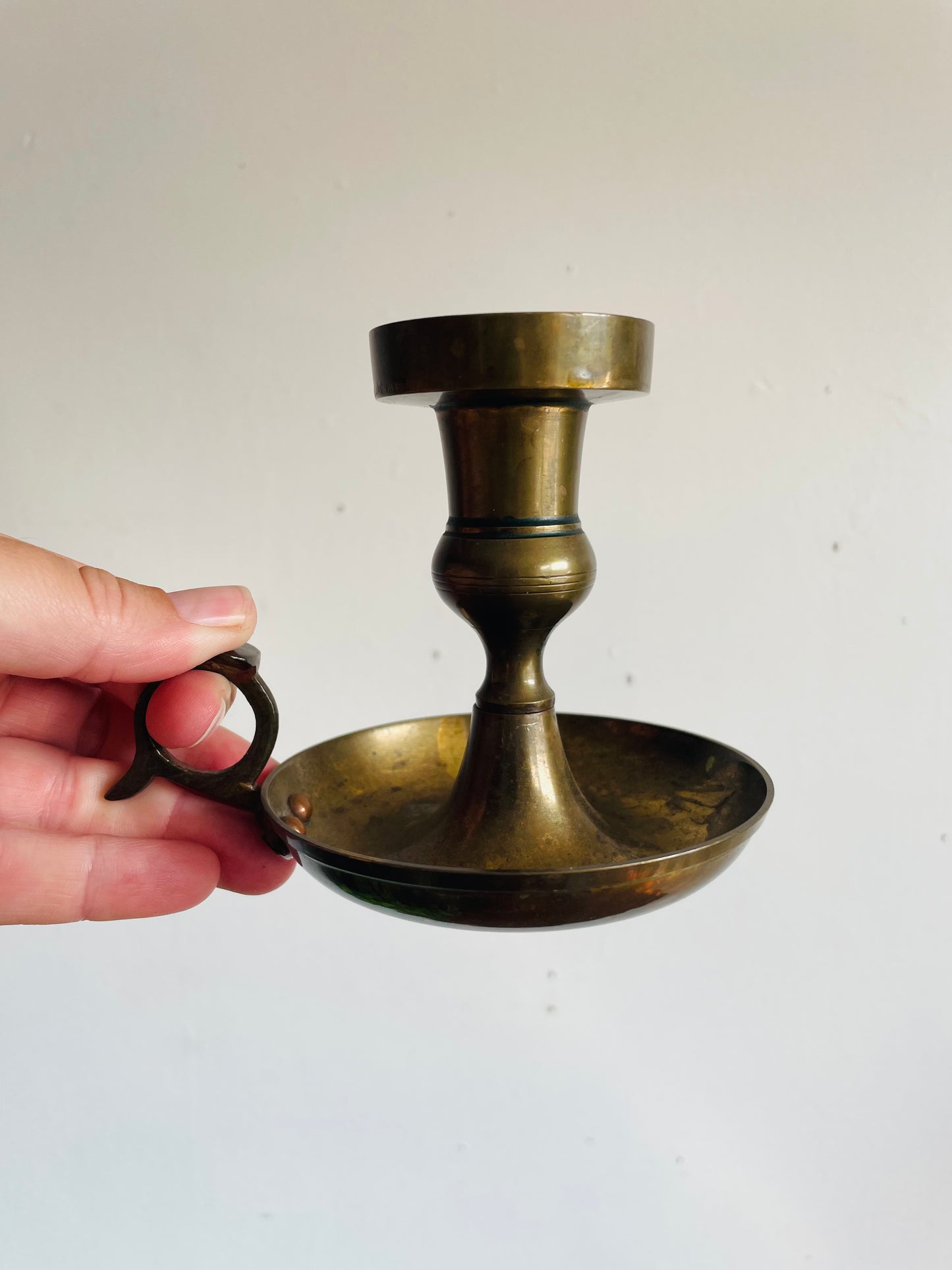Vintage Solid Brass Chamberstick Candle Holder with Aged Patina
