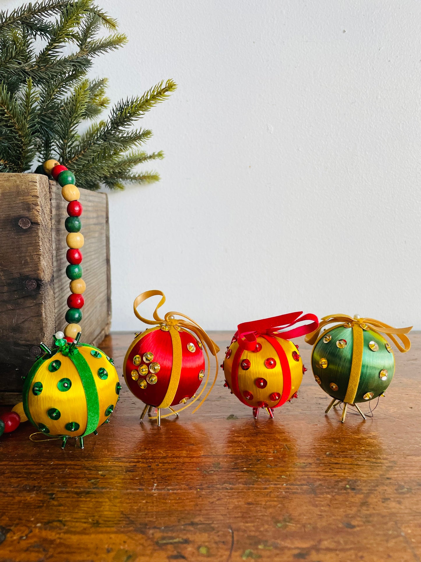 Vintage Collection of Handmade String Wrapped Beaded Sequined Push Pin Christmas Ornaments with Velvet Ribbon - Set of 4