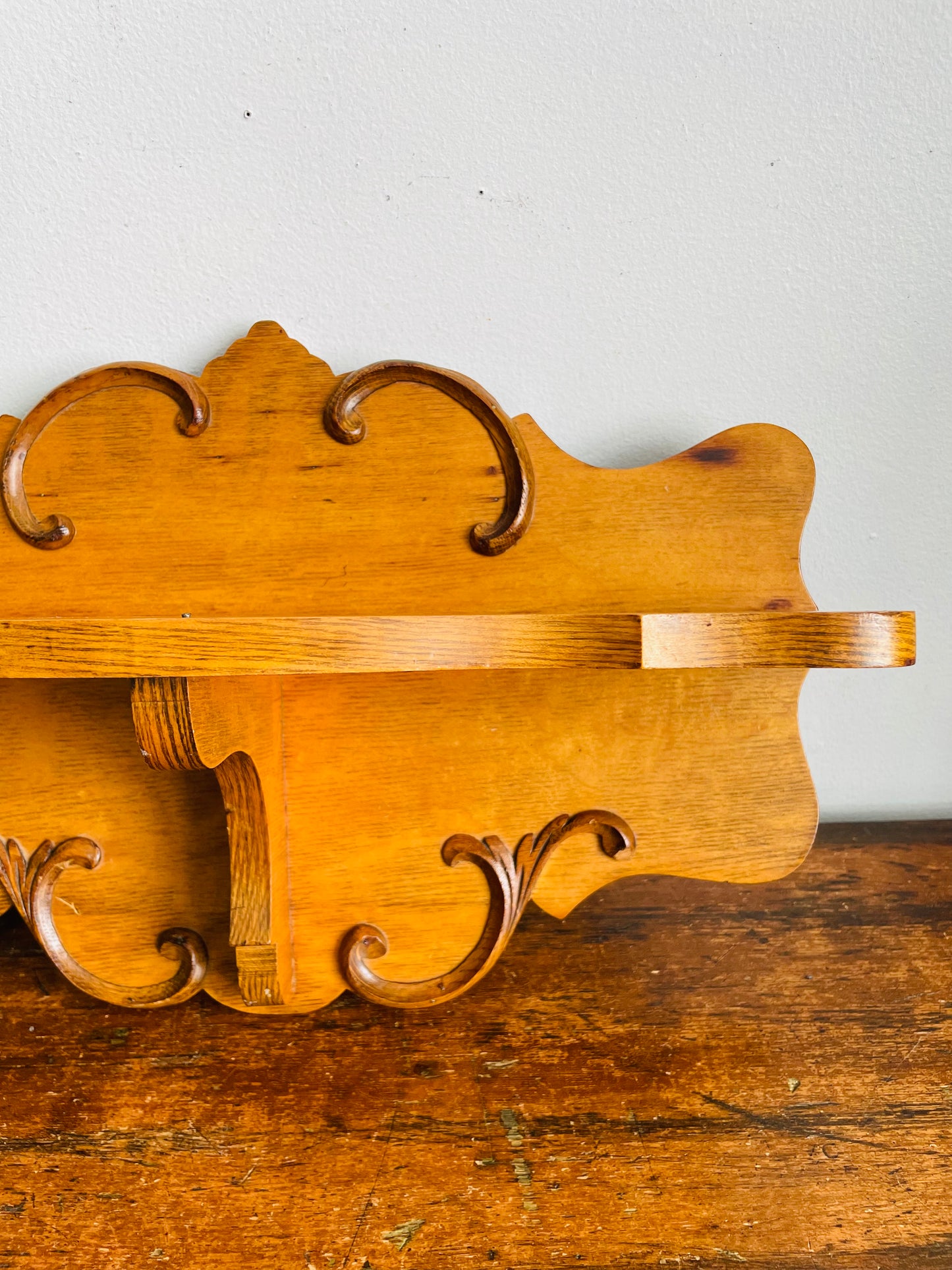 Vintage Solid Oak Wood Wall Hanging Shelf with Raised Scroll Design