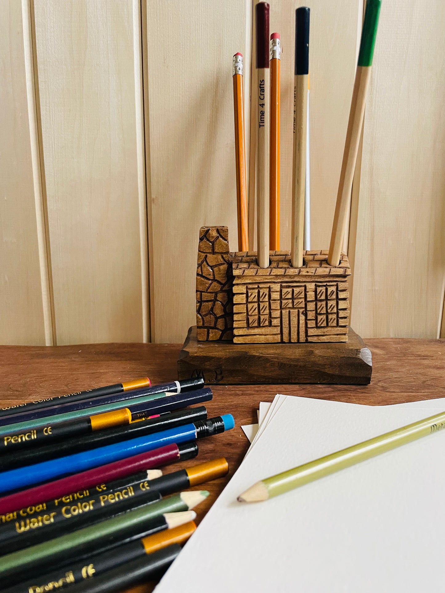 Handmade Carved Wood Log Cabin Pen or Pencil Holder