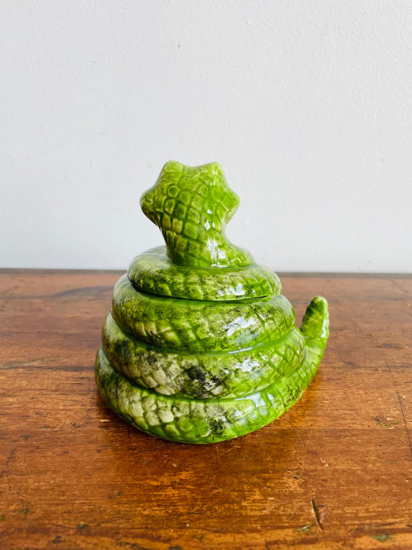 Adorable Hand Painted Green Ceramic Coiled Snake Jar with Lid