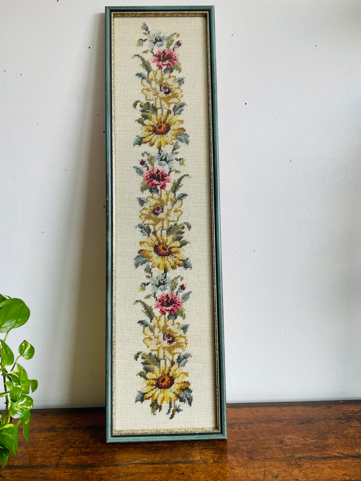 Vintage 2.5 Feet Long Needlepoint Embroidery Picture of Flowers - No Shipping