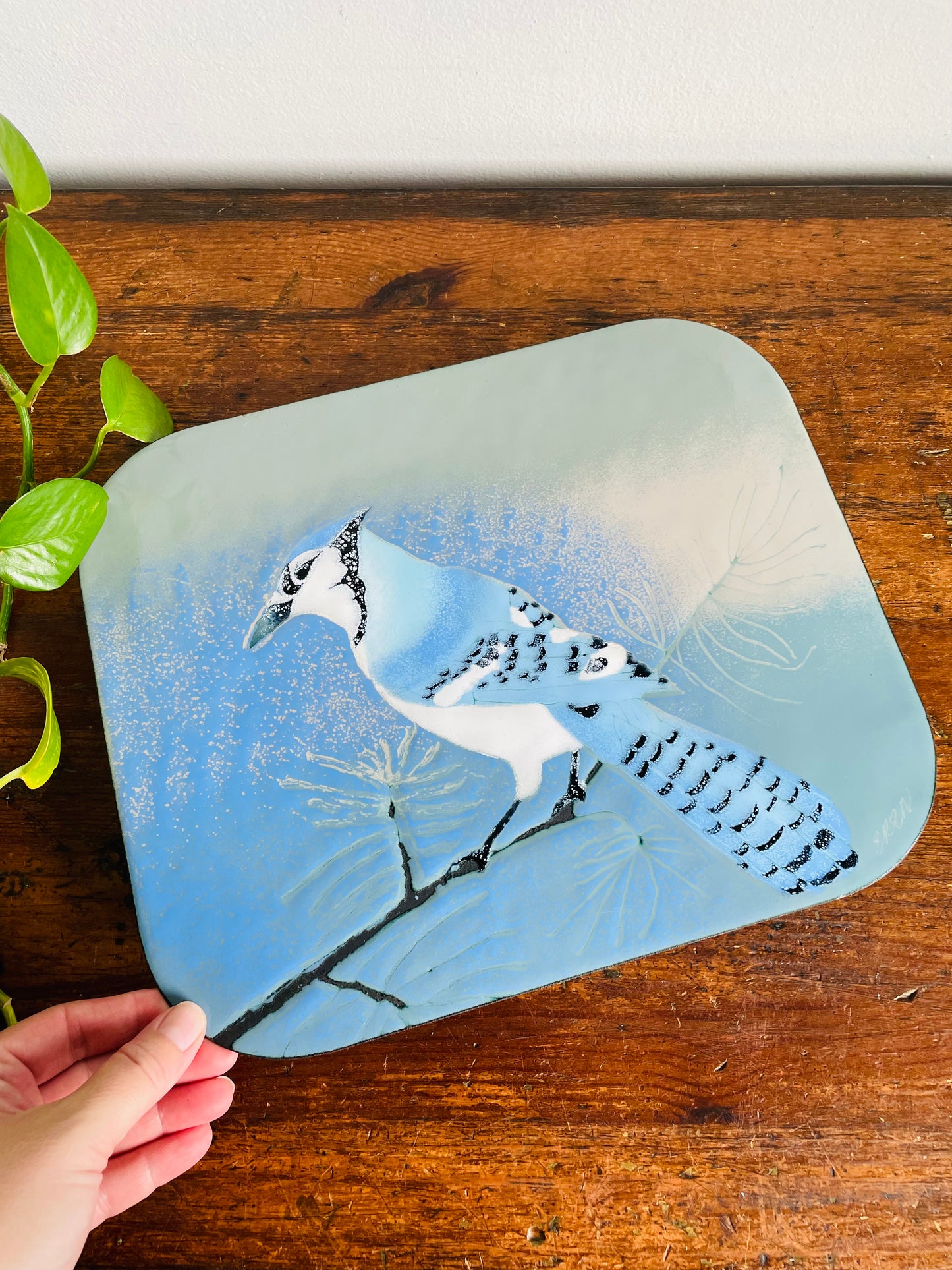 Vintage Hand Enamel on Copper Wall Plaque Picture - Signed by Canadian Artist B. E. Eren - Blue Jay Bird - Made in Canada