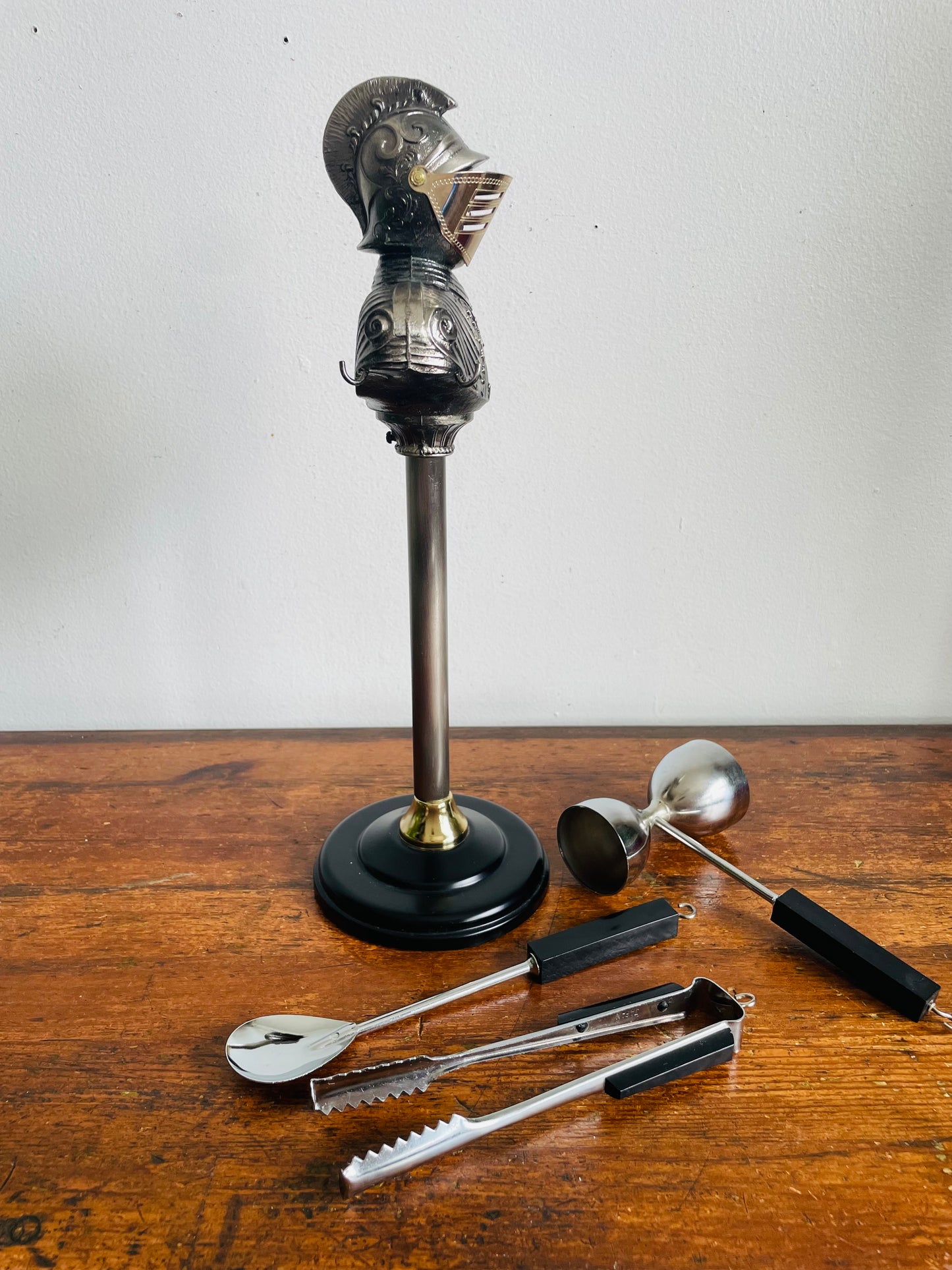 Vintage Knight in Armour Barware Set - Includes 3 Utensils - Tongs, Spoon & Measuring Jigger - Made in Japan