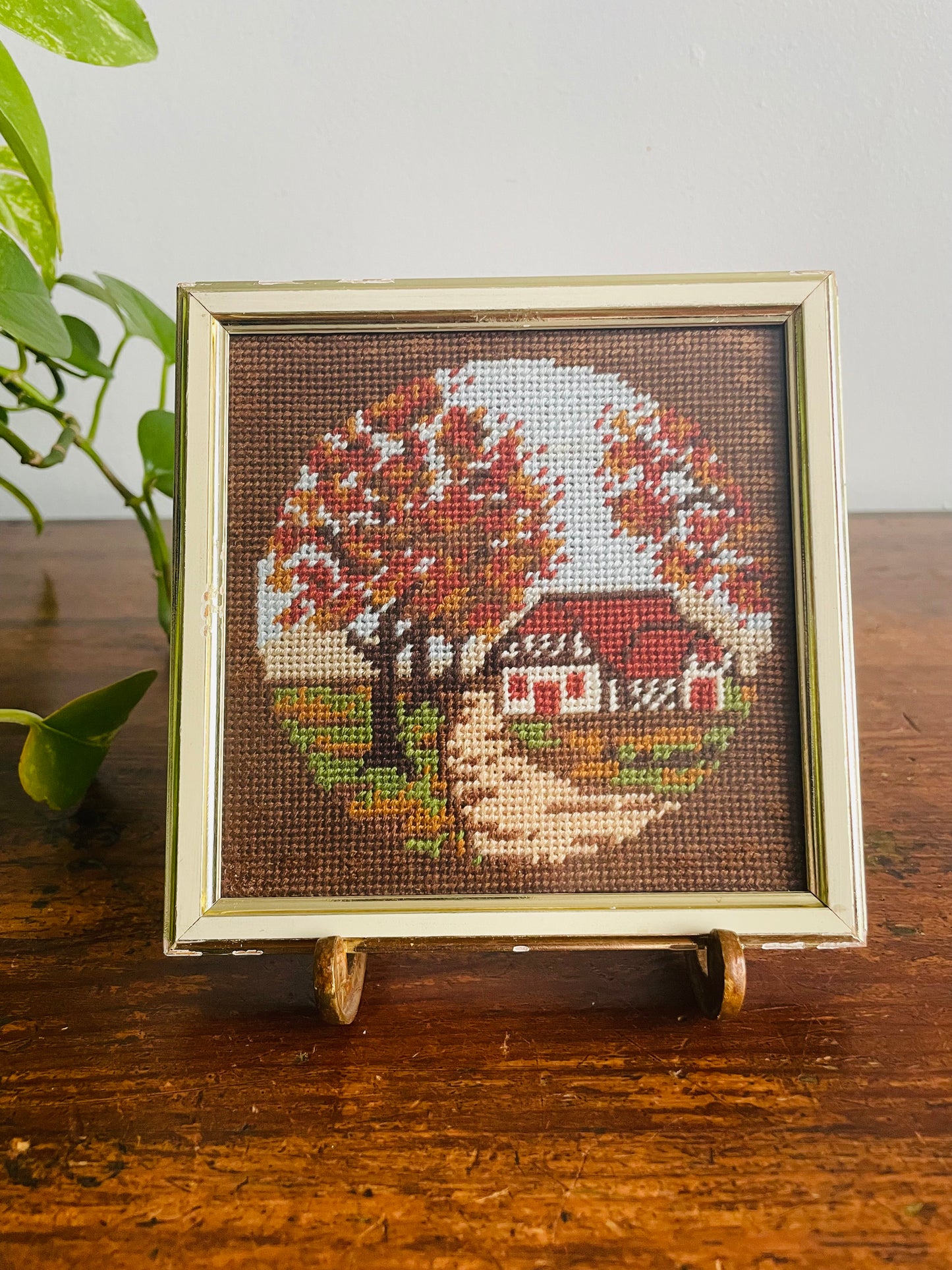 Vintage Mini Needlepoint Embroidery Picture in Square Frame - Fall Season - Red Roof House on Road with Trees of Changing Leaves