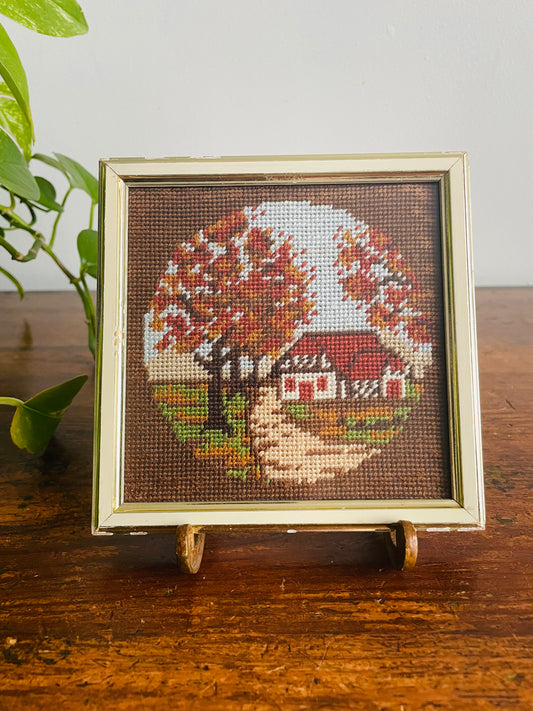 Vintage Mini Needlepoint Embroidery Picture in Square Frame - Fall Season - Red Roof House on Road with Trees of Changing Leaves