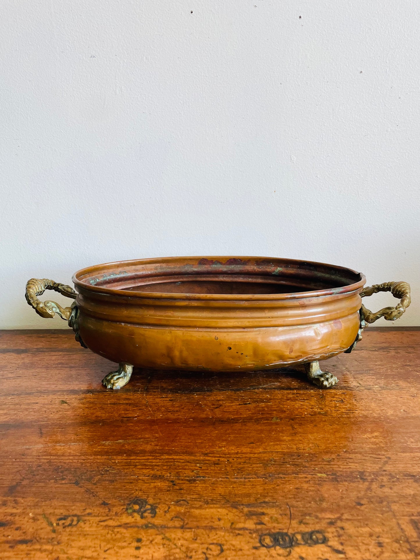 Antique Copper Jardiniere Planter Trough Pot Tub with Brass Lion Handles & Claw Feet