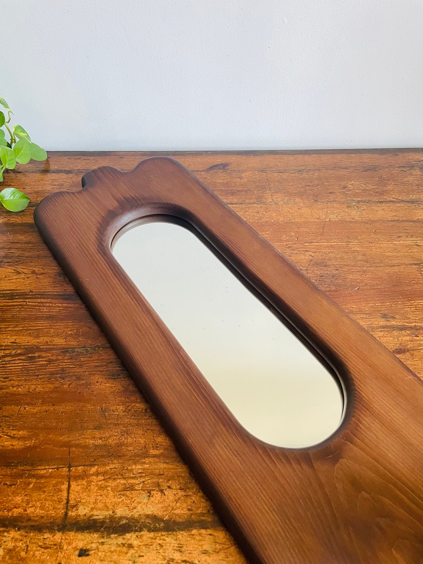 Vintage Organic Wavy Shaped Wood Mirror with Two Shelf Ledges - 3.5 Feet Long - No Shipping