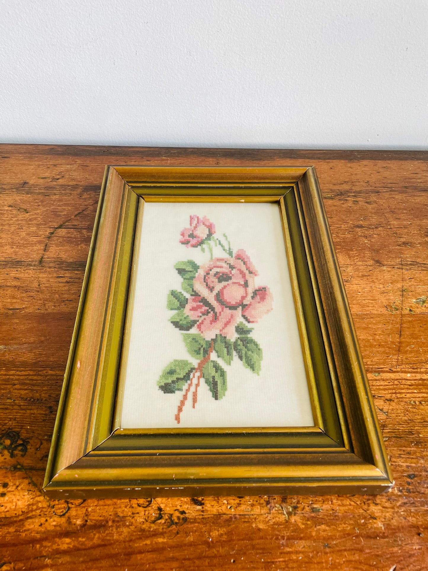 Vintage Pink Rose Flower Petit Point Needlepoint Embroidery Picture