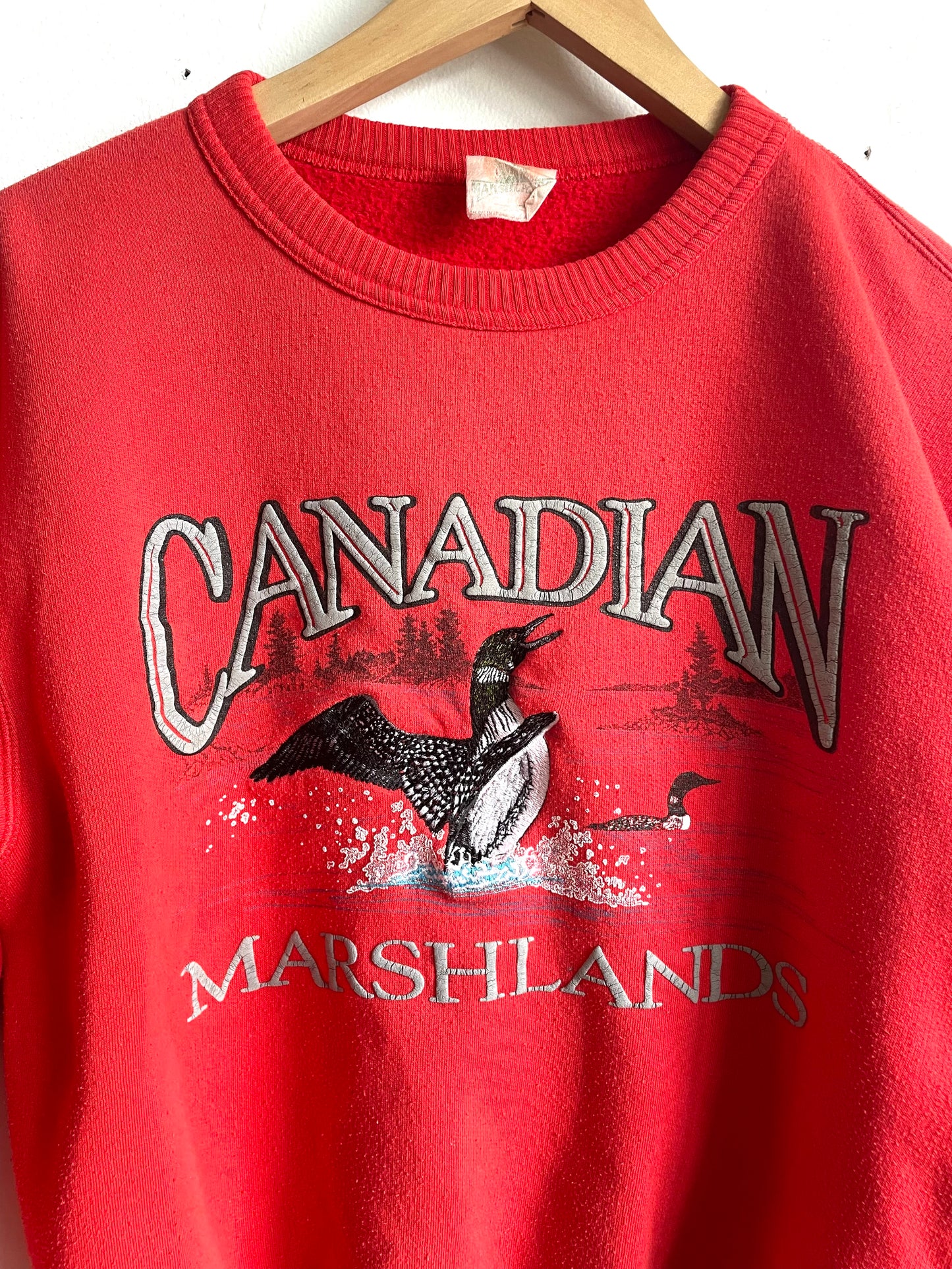 Vintage 1990s Canadian Marshlands Red Crewneck Sweatshirt with Embroidered Loon Bird Graphic - Made in Canada - Size Medium