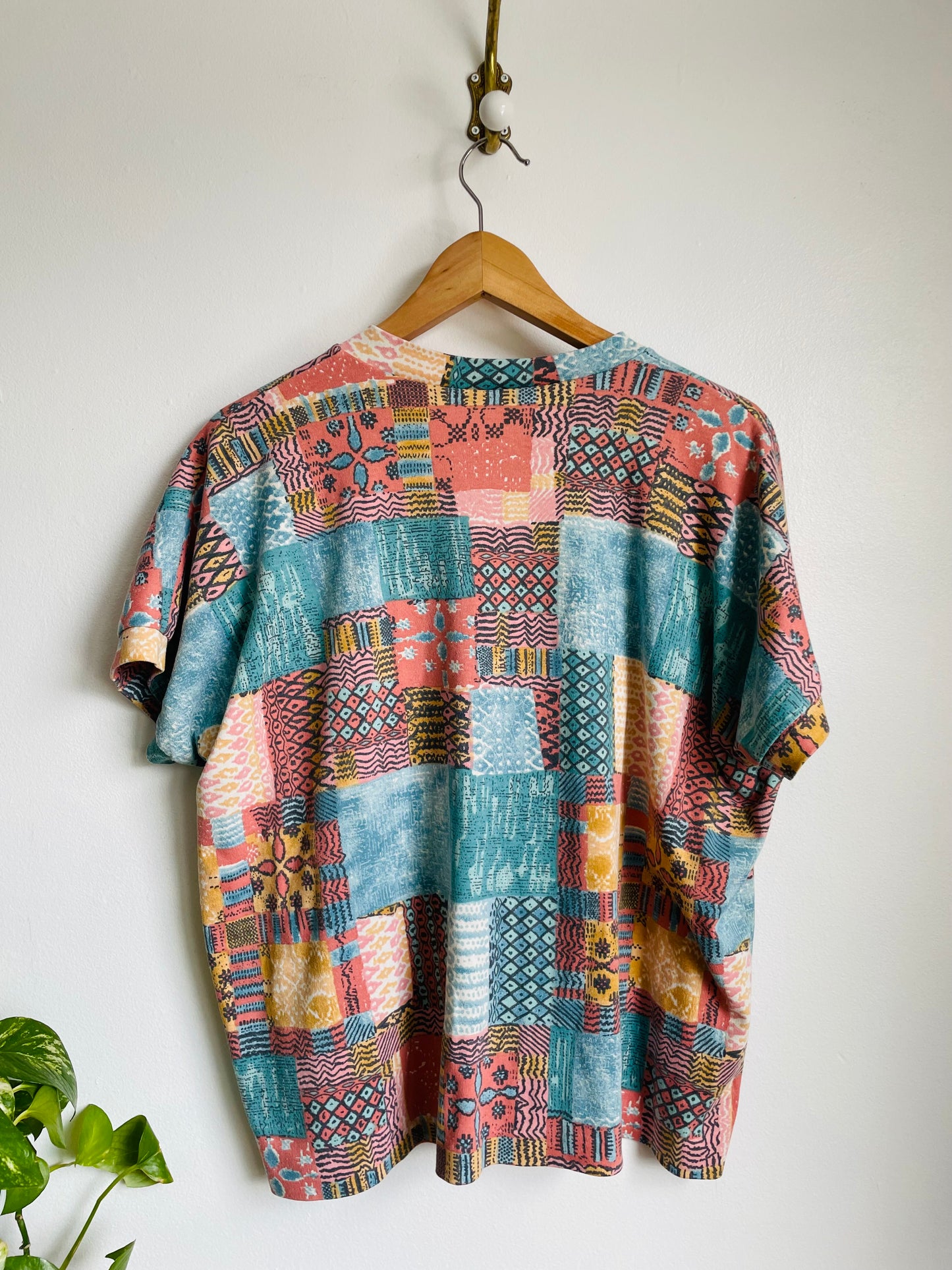 Soft V-Neck T-Shirt with Patchwork Pattern