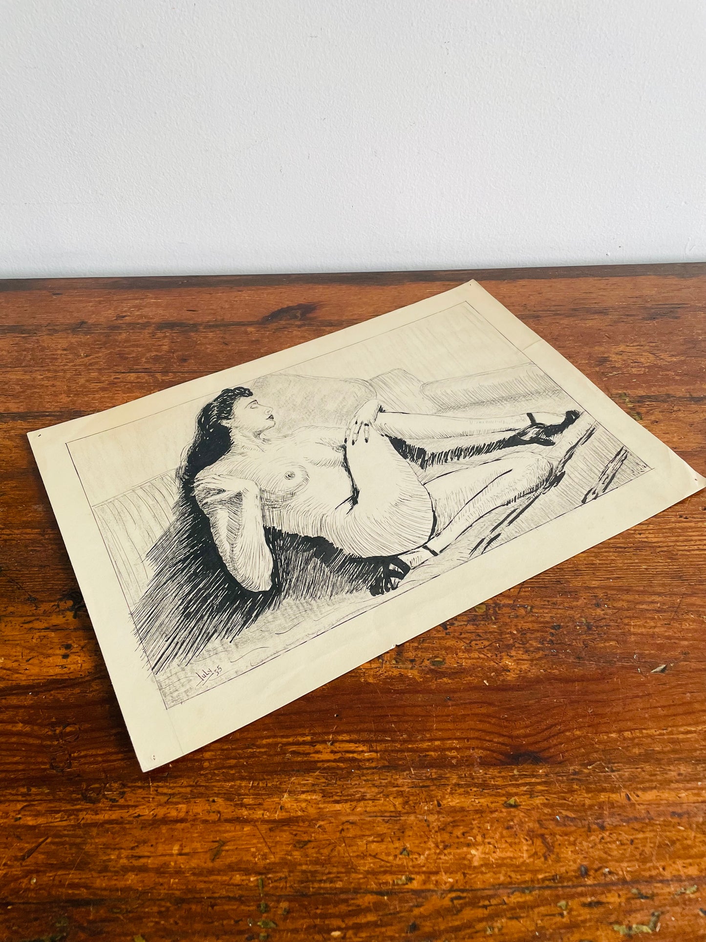 July 1955 Original Art Academic Nude Portrait Study Sketch on Paper of Nude Woman with High Heels