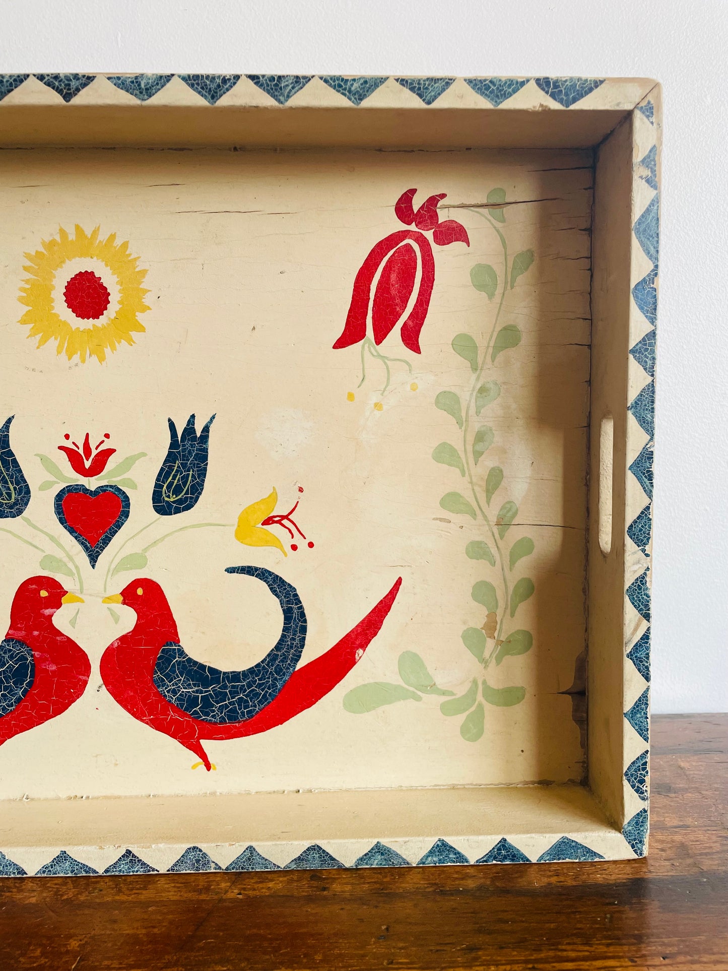 Hand Painted Wood Deep Serving Tray with Handles - Bird & Flower Folk Art Design