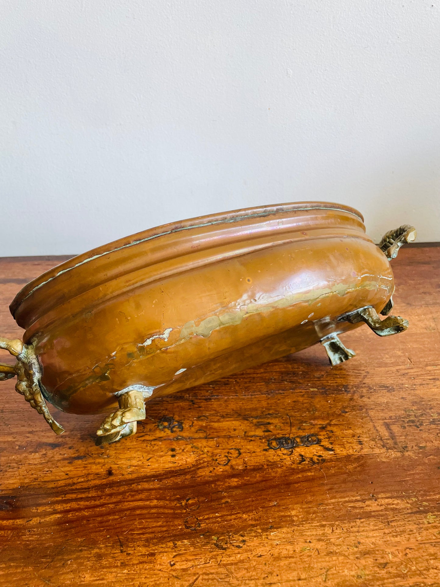 Antique Copper Jardiniere Planter Trough Pot Tub with Brass Lion Handles & Claw Feet