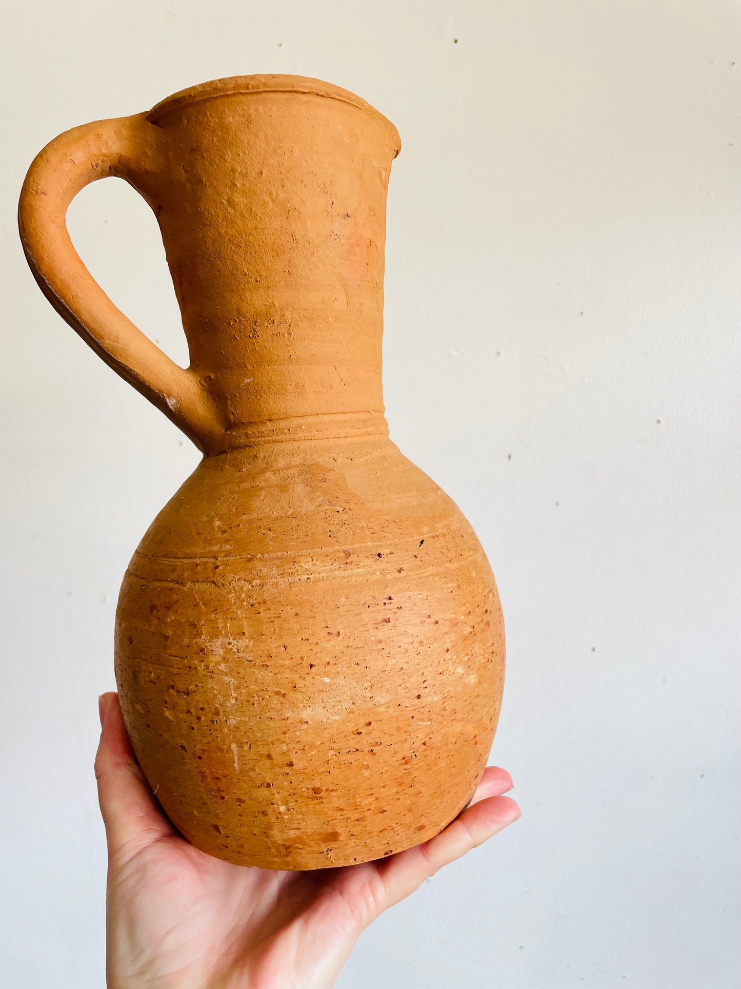 Vintage Rustic Earthenware Terracotta Clay Pitcher Jug Vase with Handle
