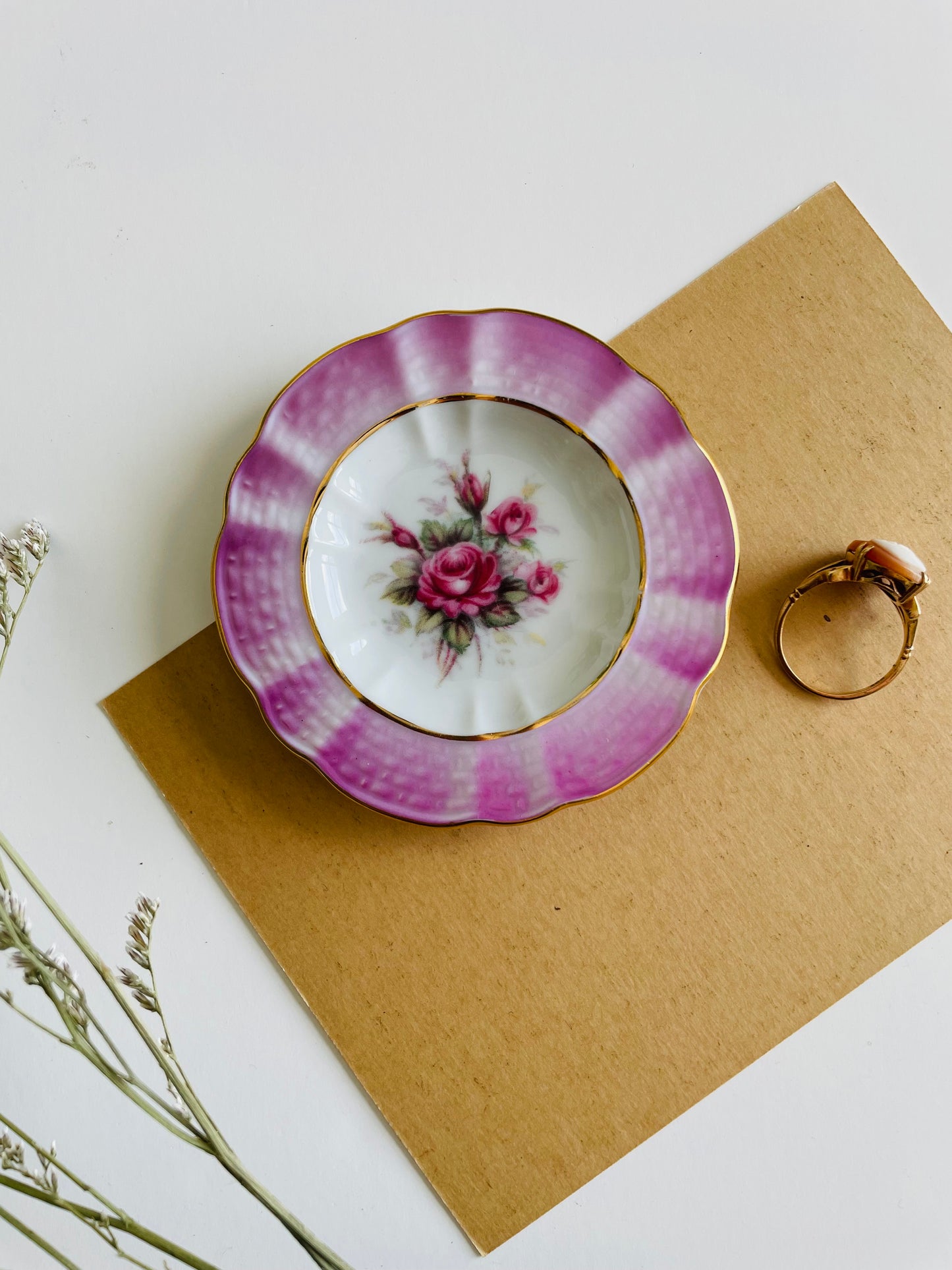 Vintage Verbano Argentina Miniature Porcelain White, Gold & Pink Plate with Flowers - Ring Dish / Butter Pat / Jewellery - Made in Argentina - Franklin Mint Miniature Plates of the World Collection