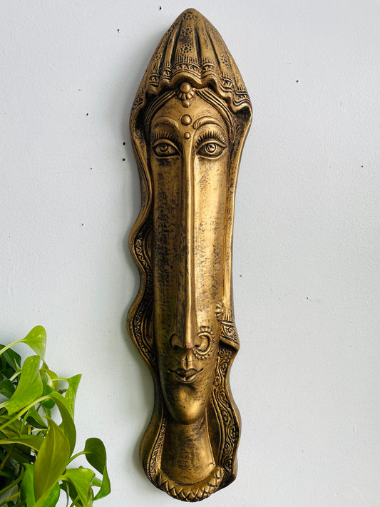 Vintage Stunning Long & Narrow Terracotta Clay Painted Gold Wall Hanging Face Sculpture - No Shipping