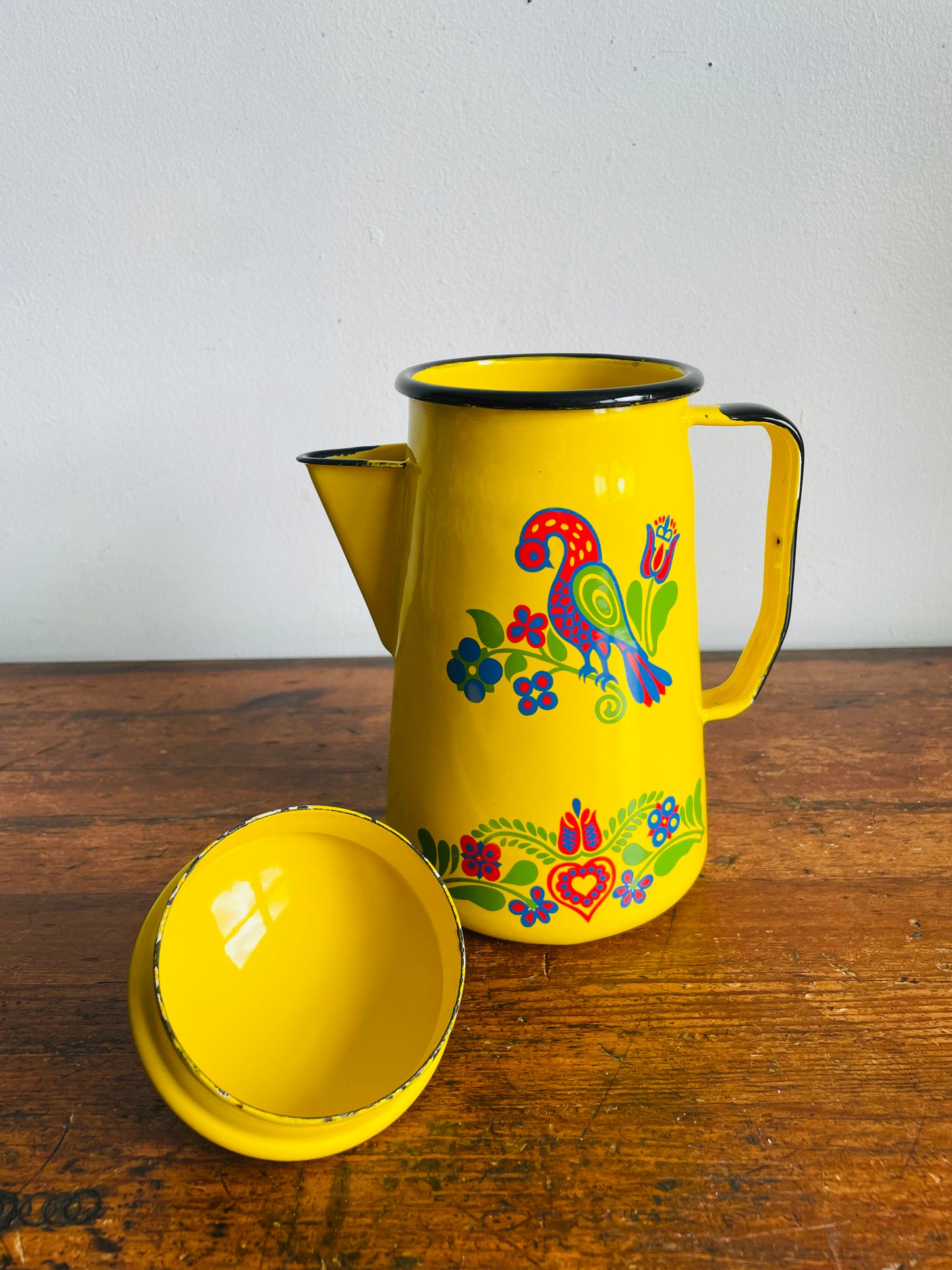Vintage Bright Yellow Cinsa Enamel Coffee Pot Carafe Pitcher with Colourful Folk Art Bird & Flower Design - Made in Saltillo Mexico