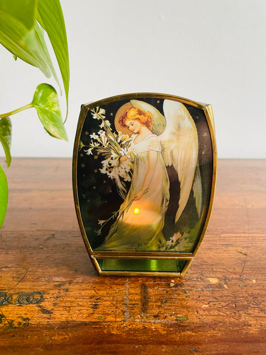 Enesco Brass & Stained Glass Tealight Candle Holder with Angel Holding Lily Flowers - Made in Mexico