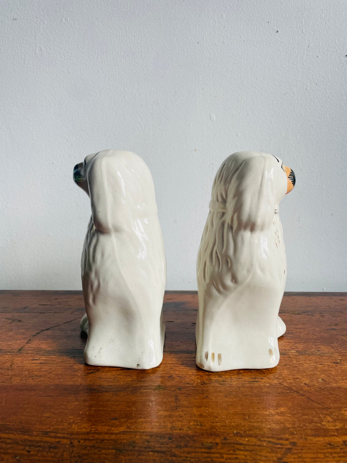 Vintage Staffordshire Fireplace Mantle Dogs - White Spaniel Statue Figurines - Set of 2 - Please Read