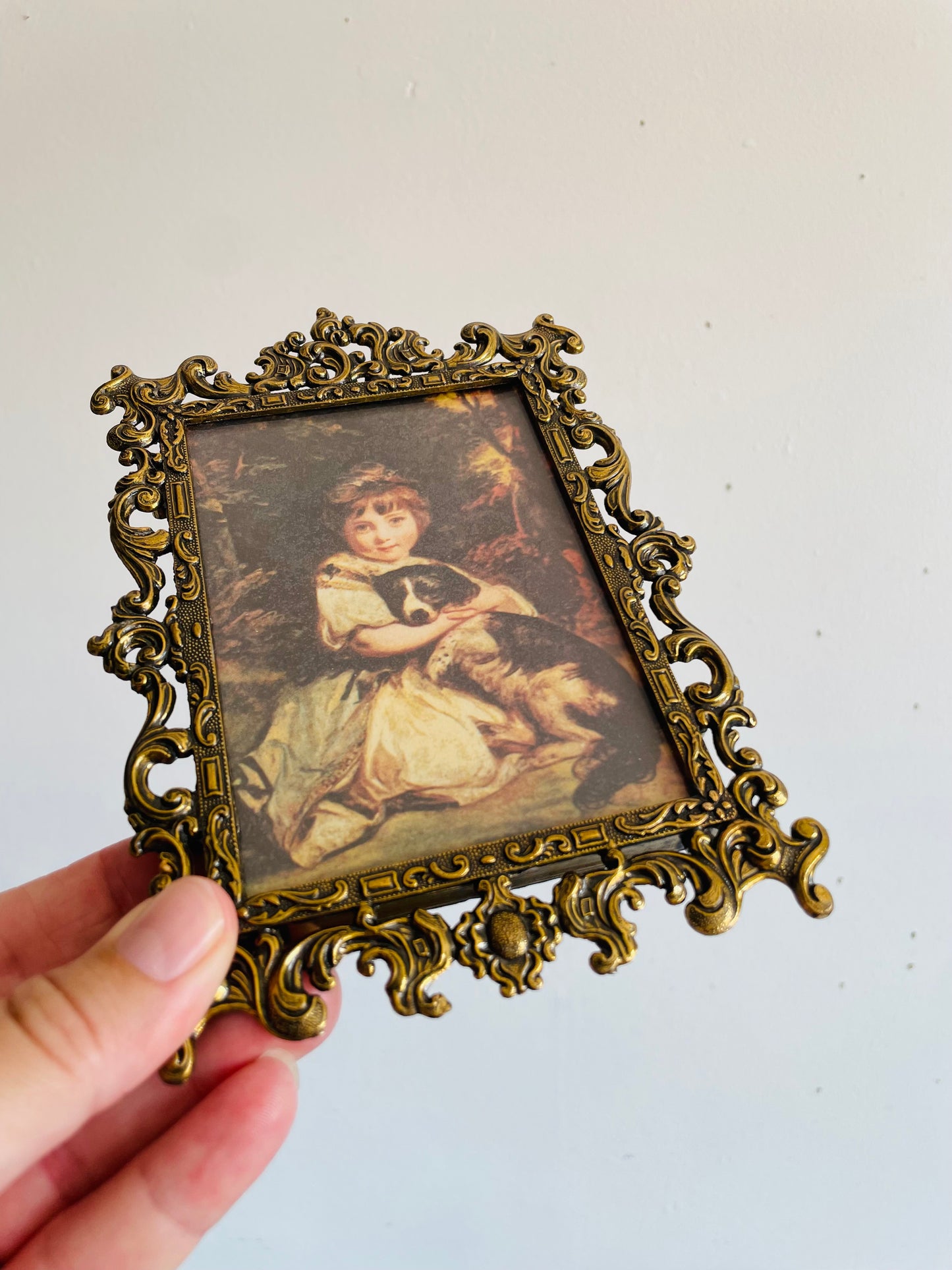 Vintage Ornate Brass Picture Frame with Print of Miss Jane Bowles & Puppy by Sir Joshua Reynolds - Made in Italy