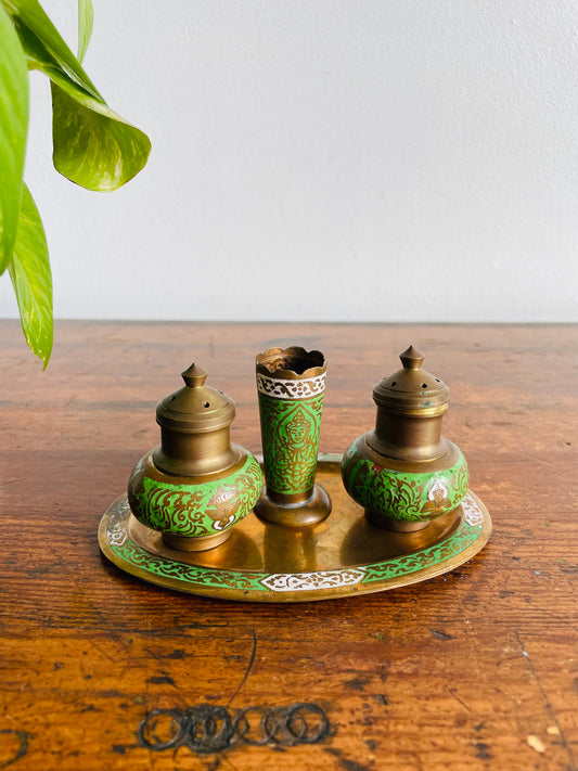 Brass & Enamel Table Set - Salt Shaker, Pepper Shaker, Toothpick Holder & Tray - Set of 4 Pieces