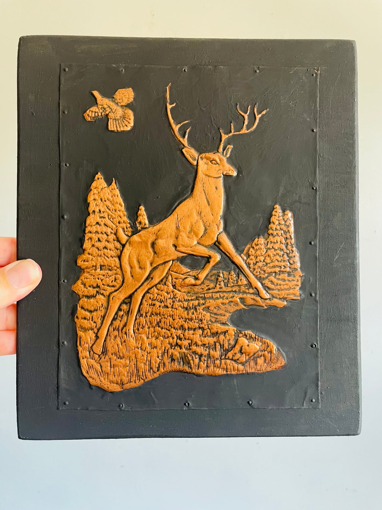 Vintage Embossed Copper on Black Background Picture of Stag Deer & Bird in Flight