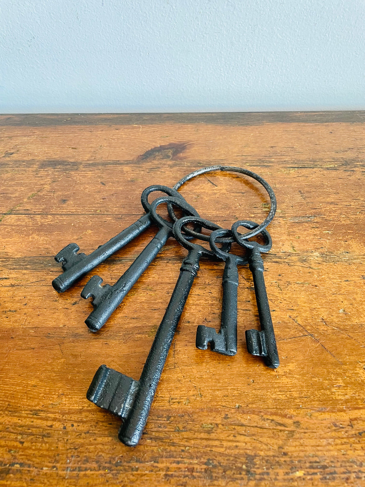 Vintage Black Cast Iron Oversized Ring of Five Skeleton Keys