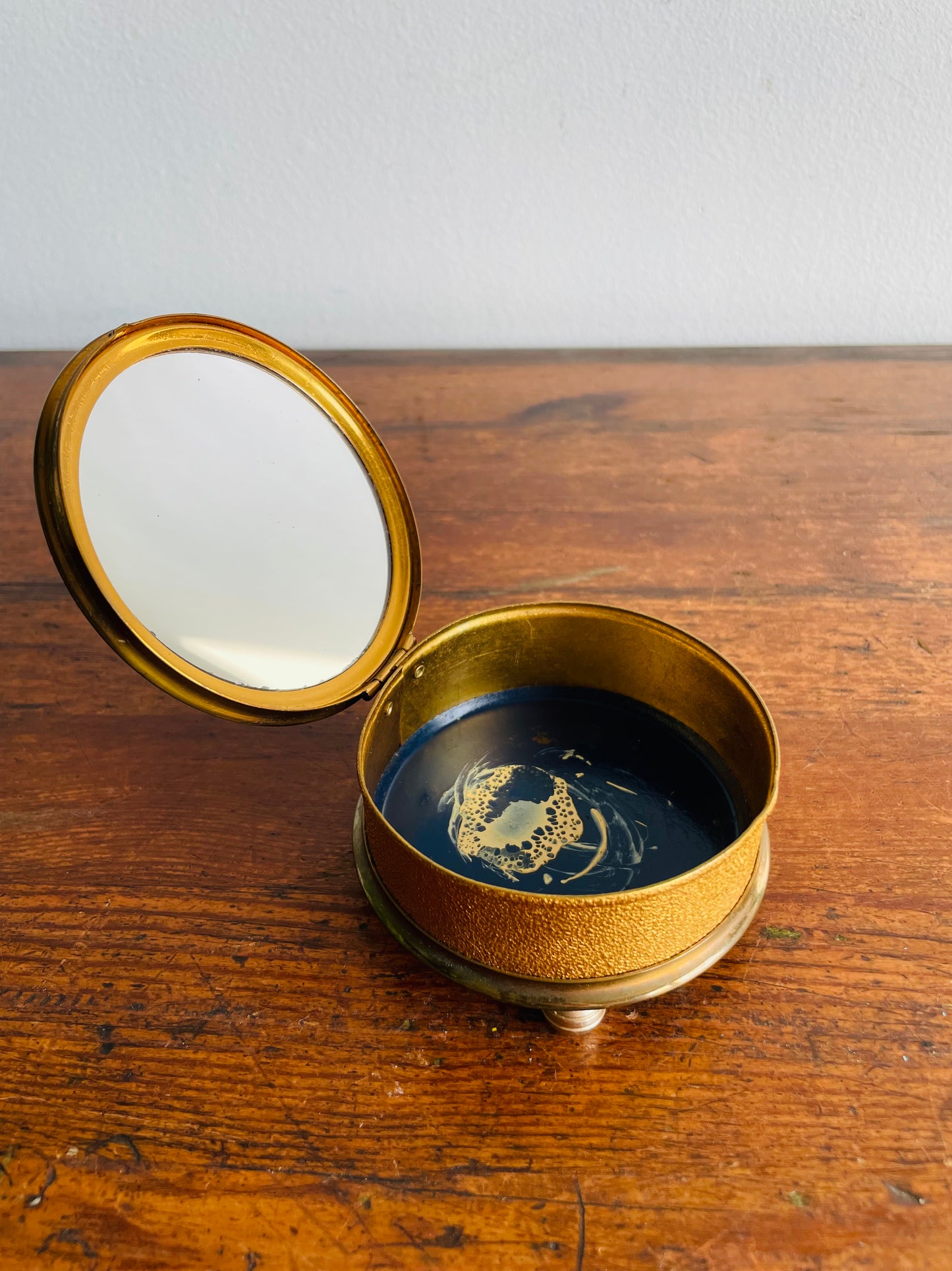 Footed Petit Point Embroidery Round Brass Trinket or Jewellery Box with Mirror Inside